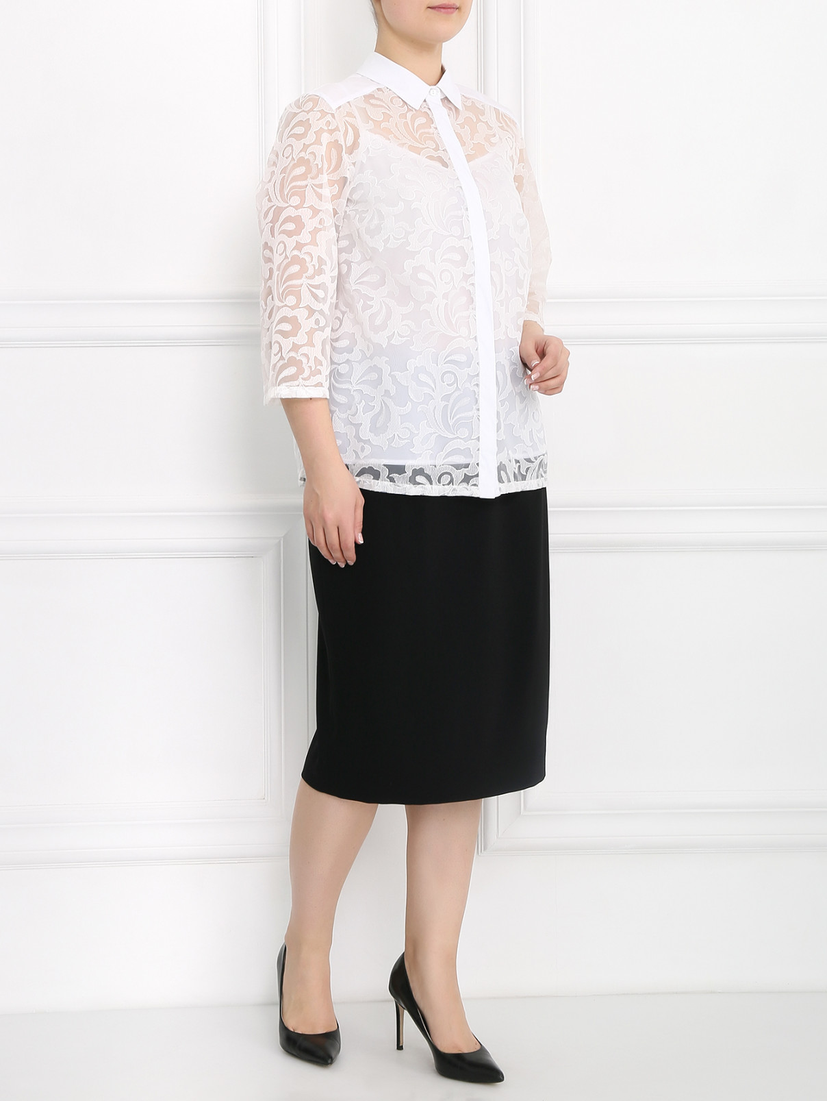 Блуза с узором и рукавами 3/4 Persona by Marina Rinaldi  –  Модель Общий вид  – Цвет:  Белый
