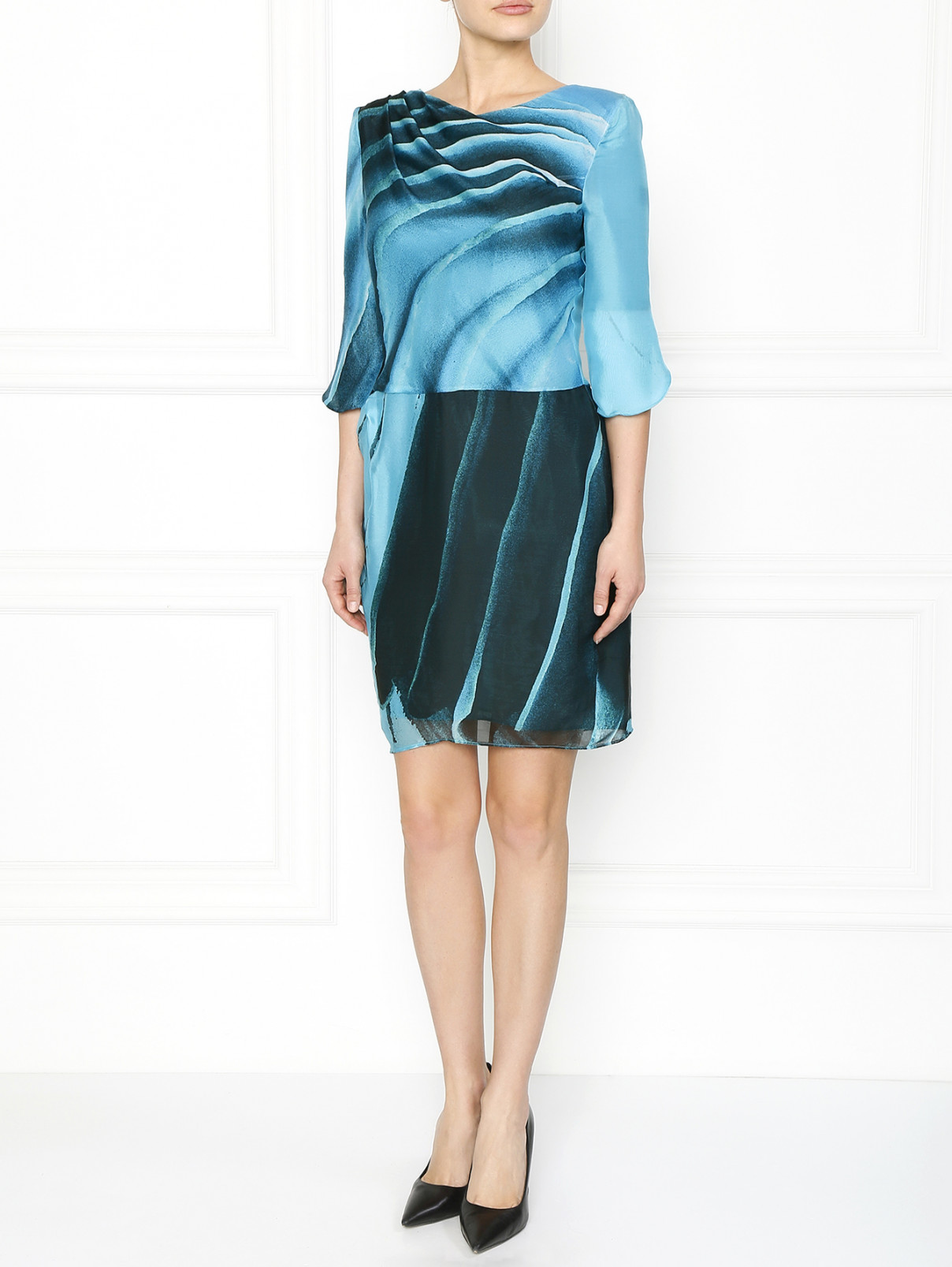 Шелковое платье с принтом Emporio Armani  –  Модель Общий вид  – Цвет:  Синий