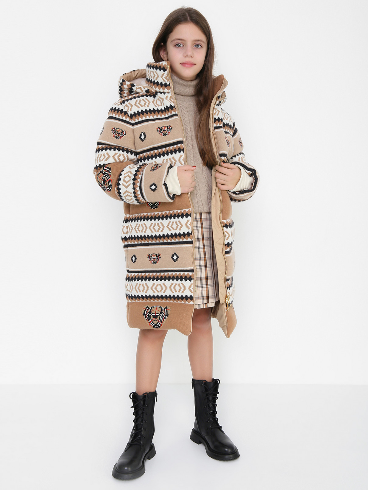 Пуховое пальто из шерсти и кашемира Burberry  –  МодельОбщийВид  – Цвет:  Узор