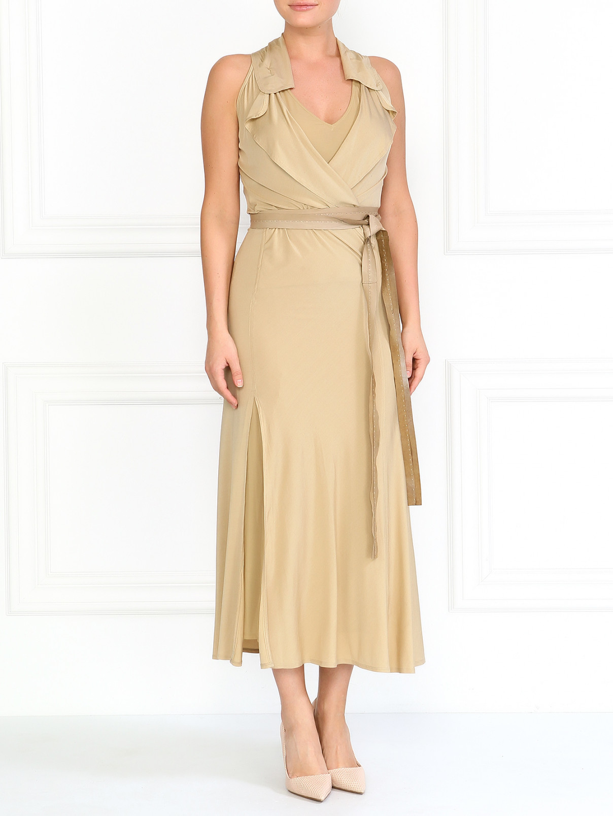 Платье с кожаным ремнем DKNY  –  Модель Общий вид  – Цвет:  Бежевый