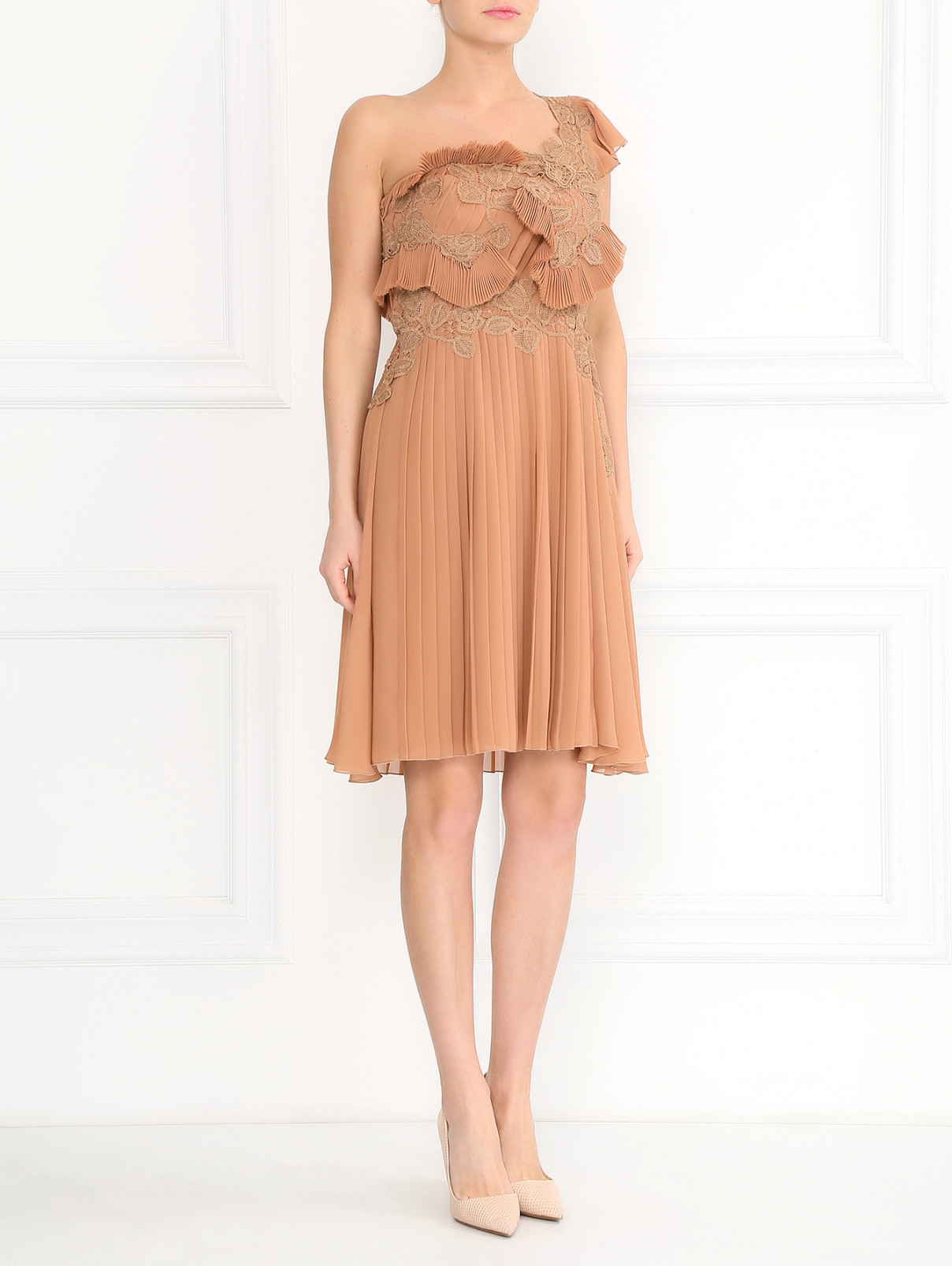 Платье-мини с отделкой из кружева и плиссированной юбкой Alberta Ferretti  –  Модель Общий вид  – Цвет:  Оранжевый