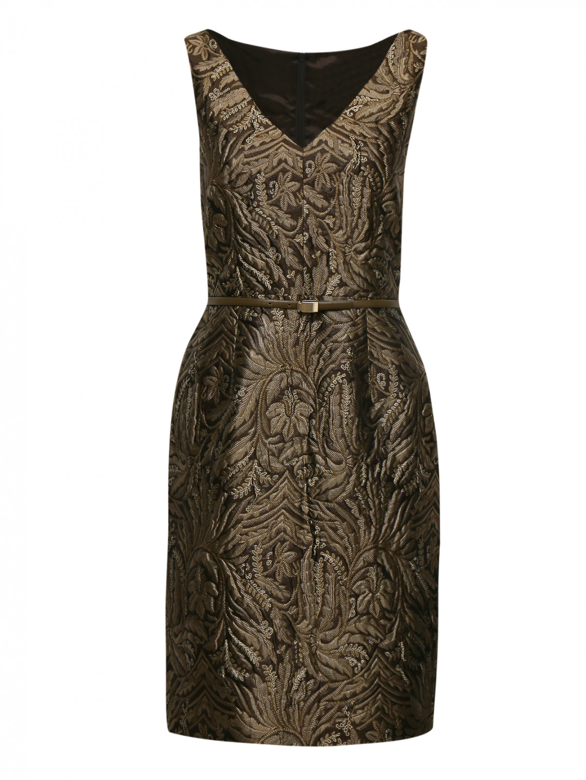 Платье с  V-образным вырезом и кожаным ремнем Max Mara  –  Общий вид  – Цвет:  Золотой