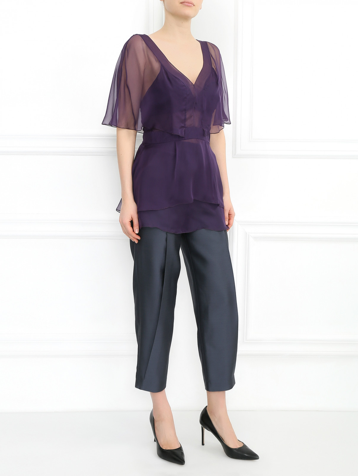 Блуза из шелка с короткими рукавами Alberta Ferretti  –  Модель Общий вид  – Цвет:  Фиолетовый