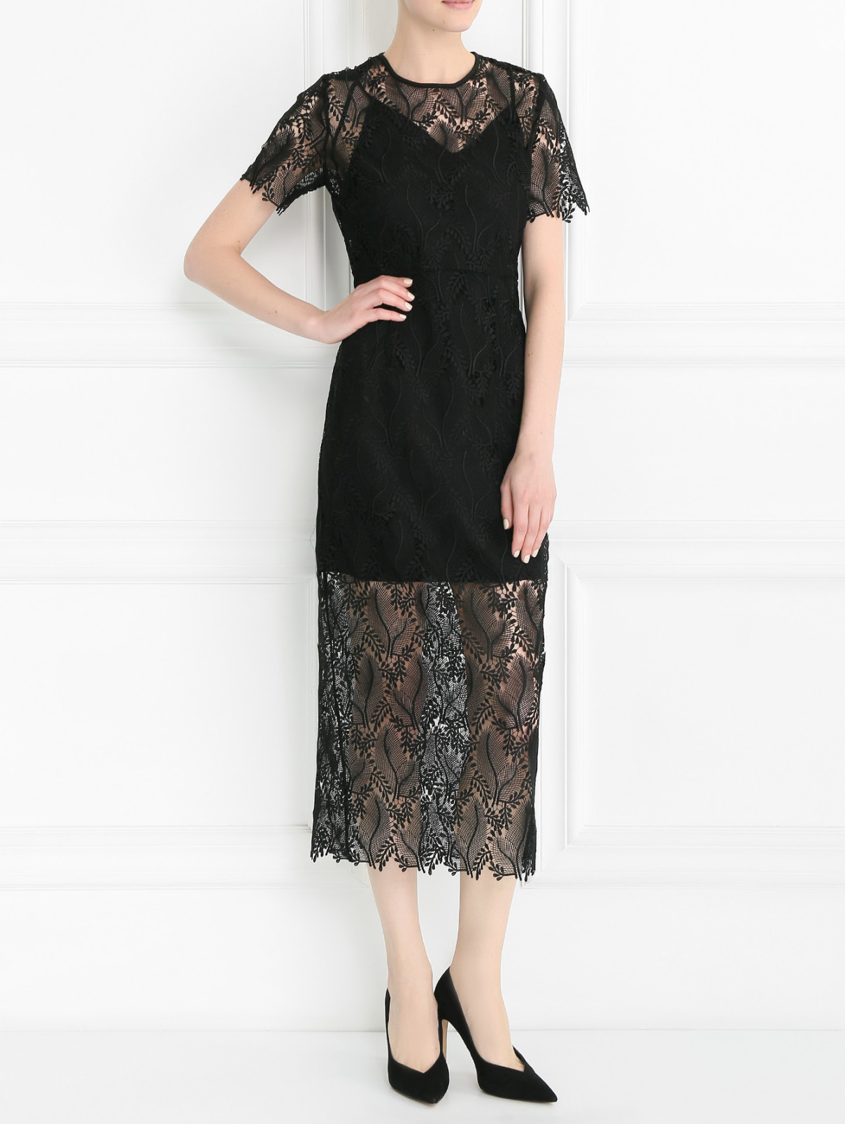 Платье-футляр с отделкой из кружева Diane von Furstenberg  –  Модель Общий вид  – Цвет:  Черный