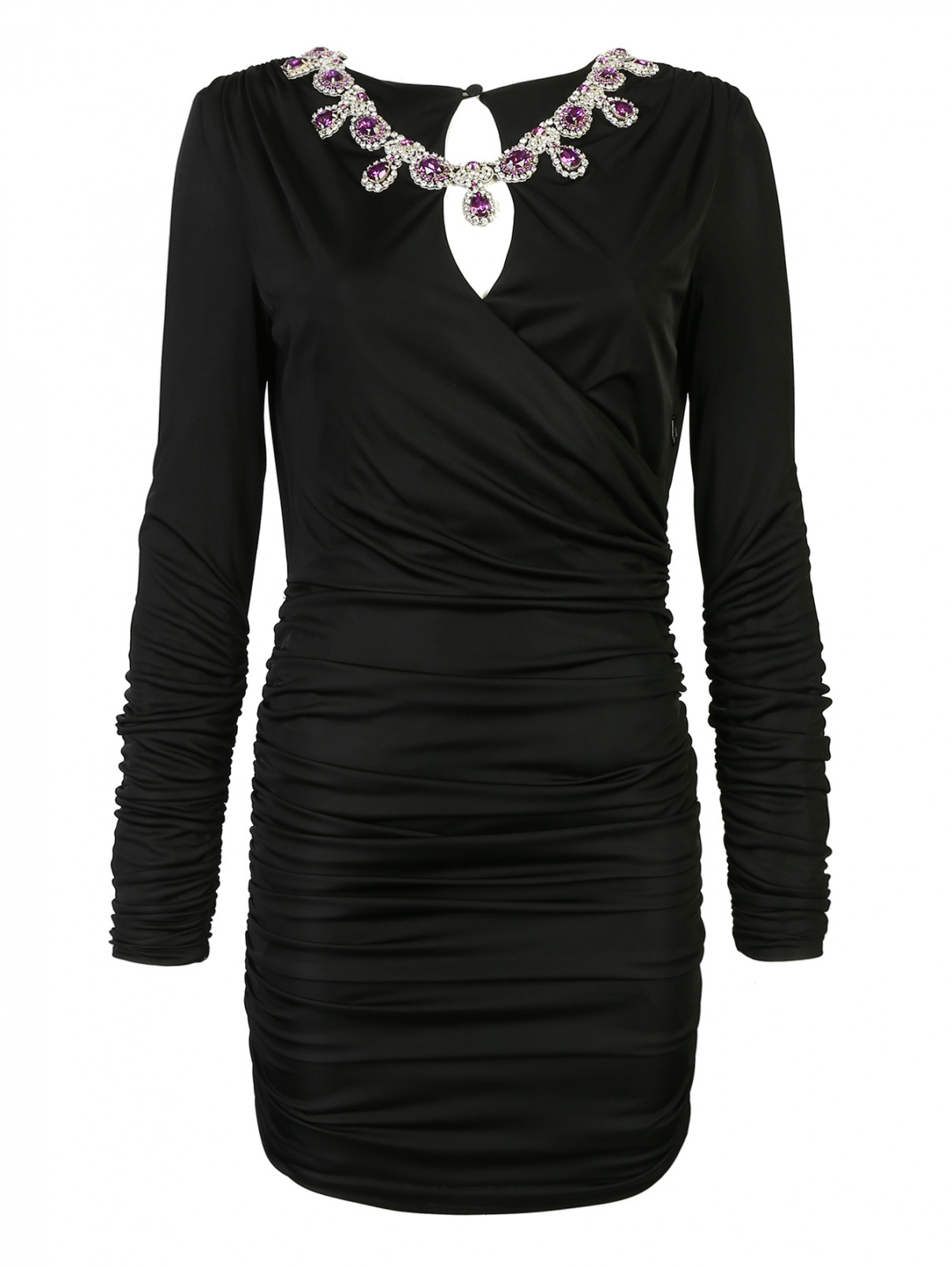 Платье трикотажное с драпировкой и декором стразами Moschino  –  Общий вид  – Цвет:  Черный