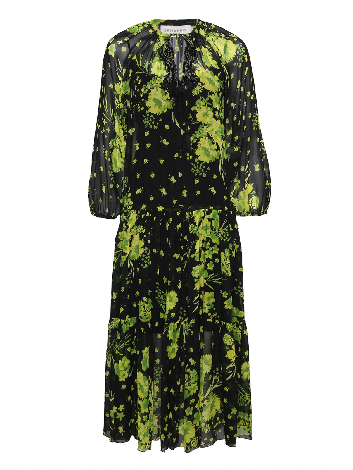 Платье-макси из шифона с кружевом Ermanno Firenze  –  Общий вид  – Цвет:  Черный