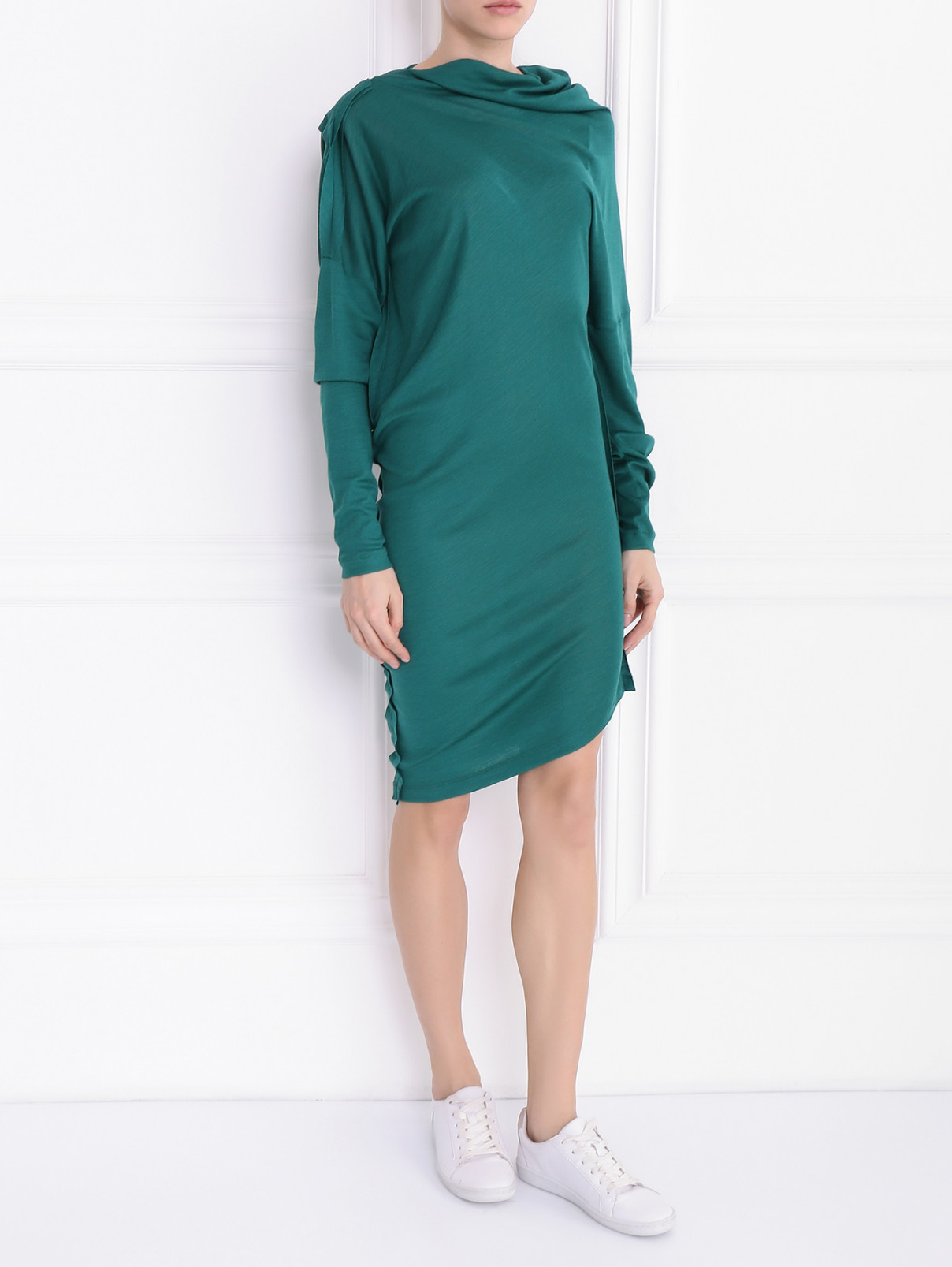 Асимметричное платье из шерсти и шелка с длинным рукавом Maison Margiela  –  Модель Общий вид  – Цвет:  Зеленый