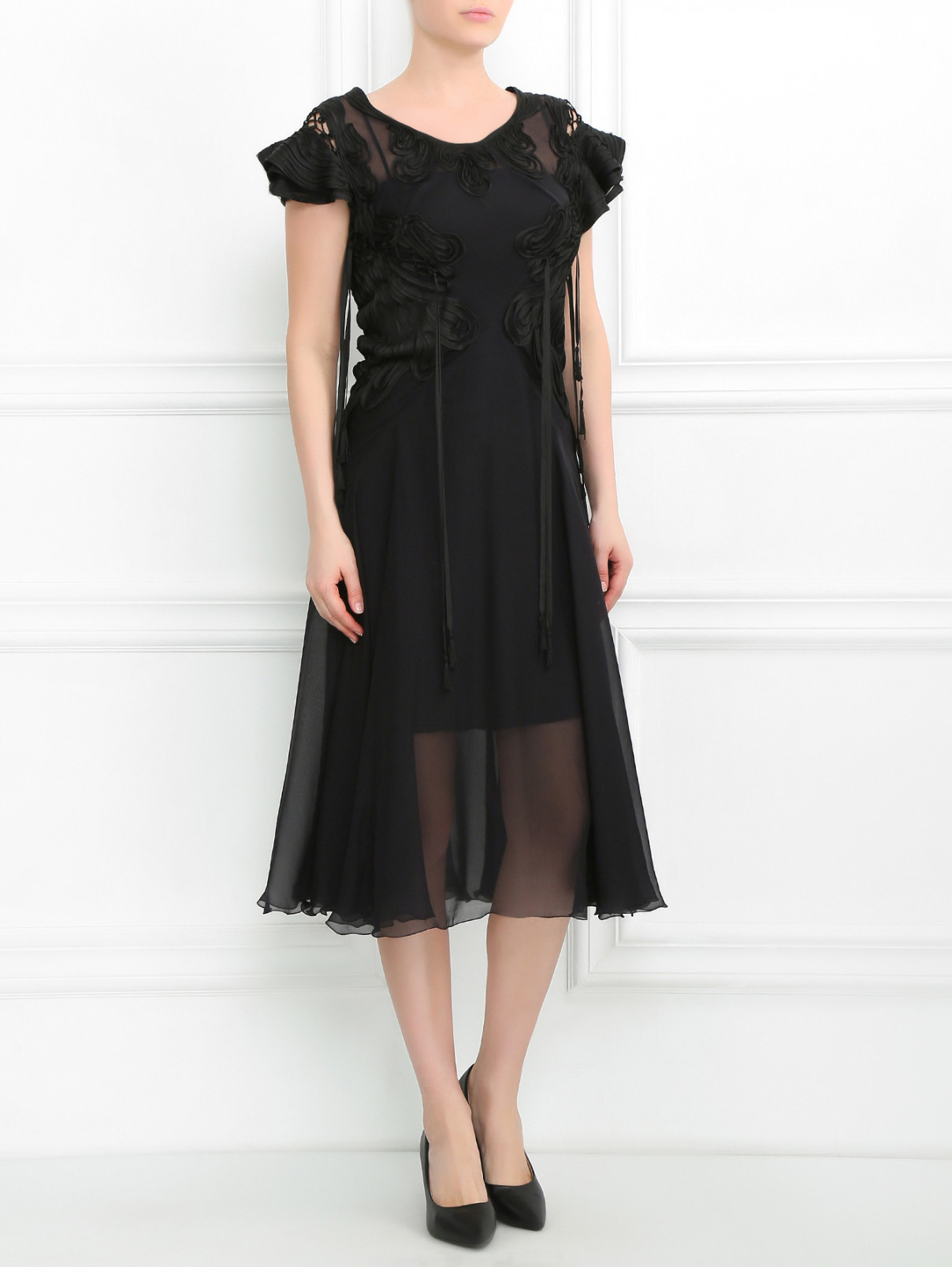 Платье из шелка с аппликацией и декоративными воланами Jean Paul Gaultier  –  Модель Общий вид  – Цвет:  Черный