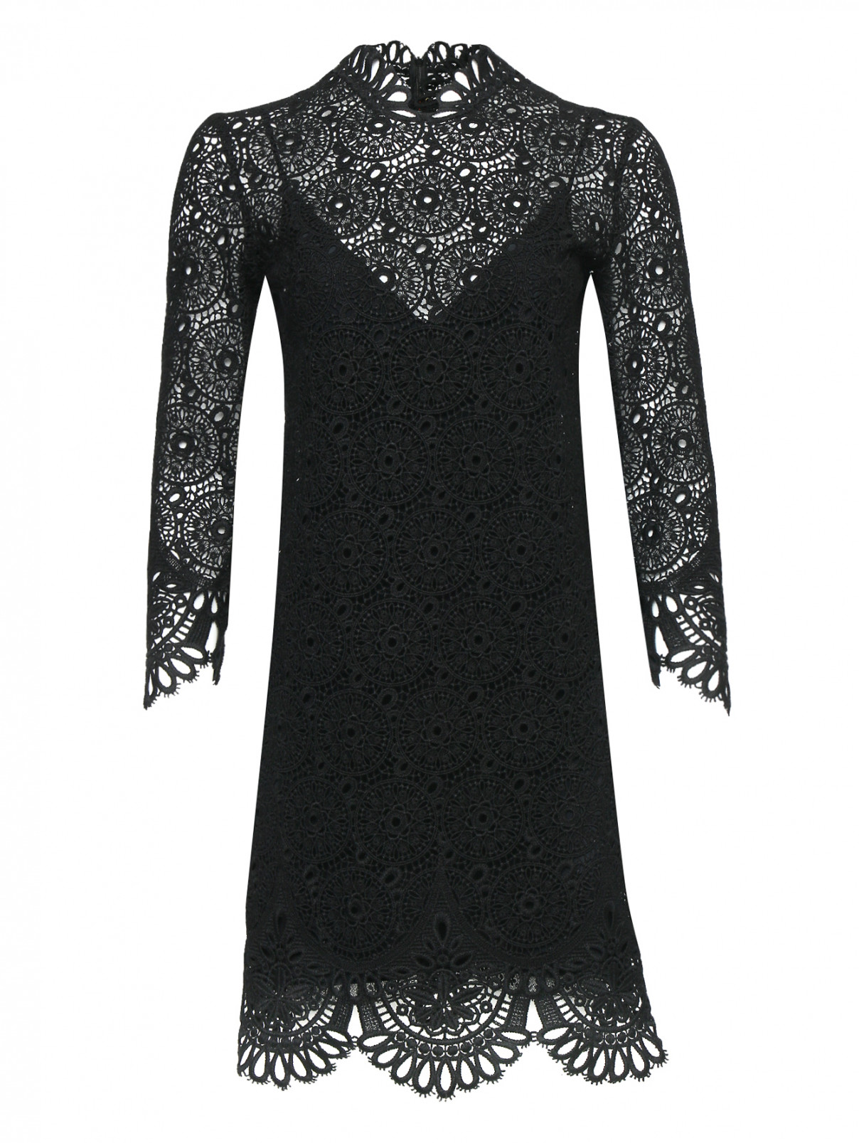 Платье из плотного кружева с высоким воротом Ermanno Scervino  –  Общий вид  – Цвет:  Черный