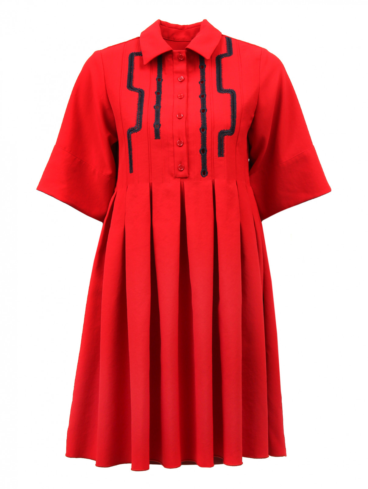 Платье мини с юбкой в складку и  вышивкой на груди Carven  –  Общий вид  – Цвет:  Красный