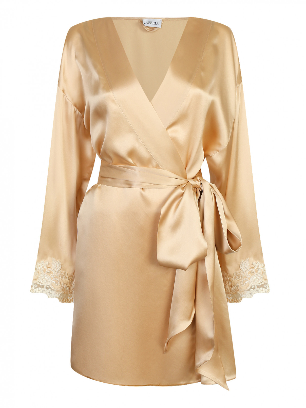 Короткий халат из шелка с кружевной отделкой La Perla  –  Общий вид  – Цвет:  Золотой