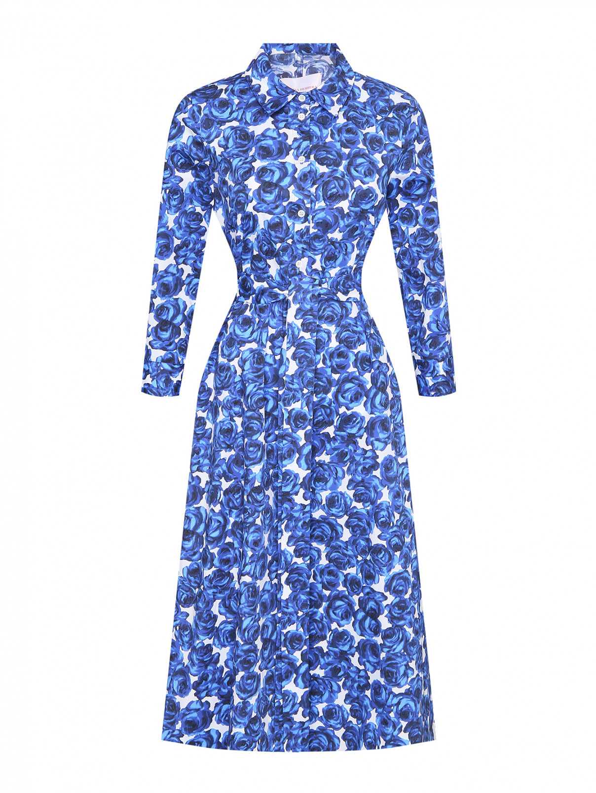 Платье-миди из хлопка с цветочным узором Carolina Herrera  –  Общий вид  – Цвет:  Синий