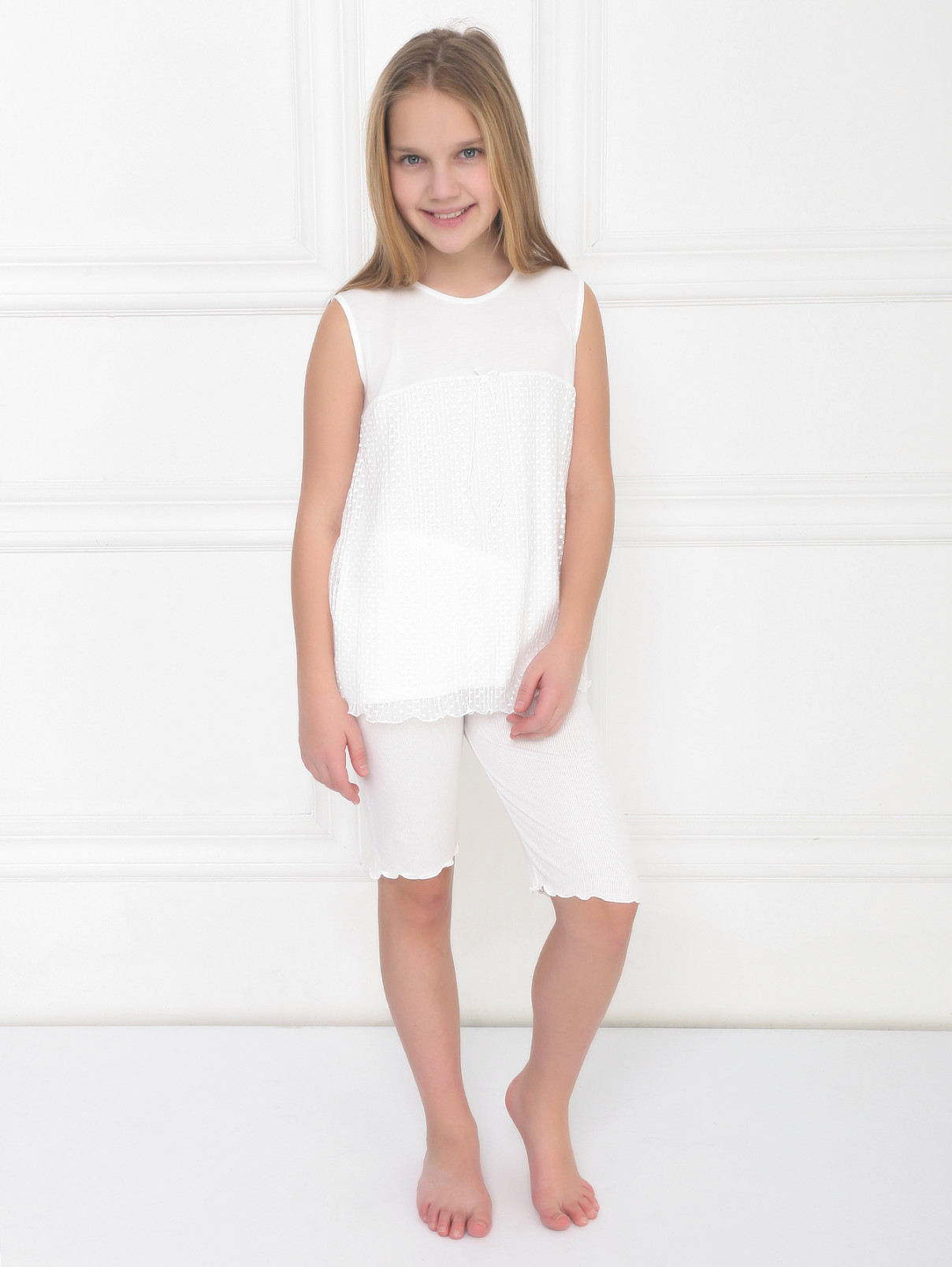 Пижама хлопковая с декором плиссэ La Perla  –  МодельВерхНиз  – Цвет:  Белый