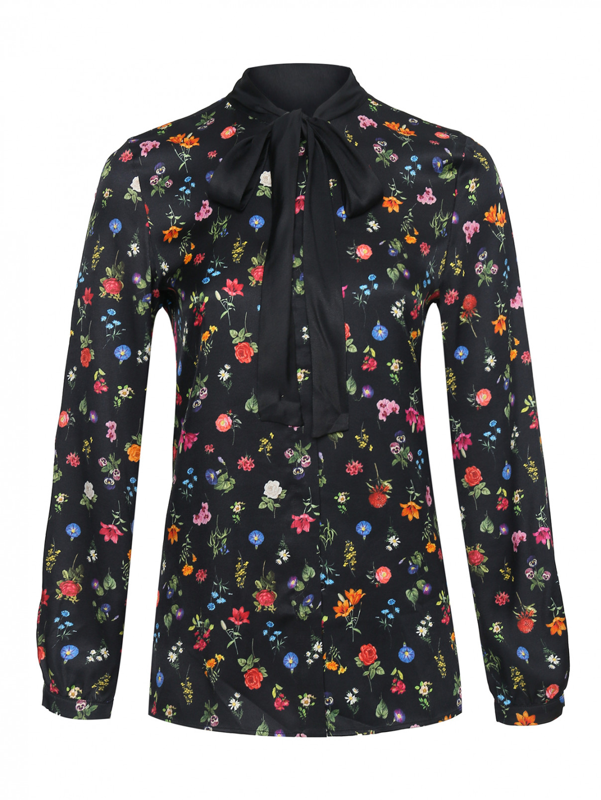 Блузка с цветочным узором и бантом Max&Co  –  Общий вид  – Цвет:  Черный