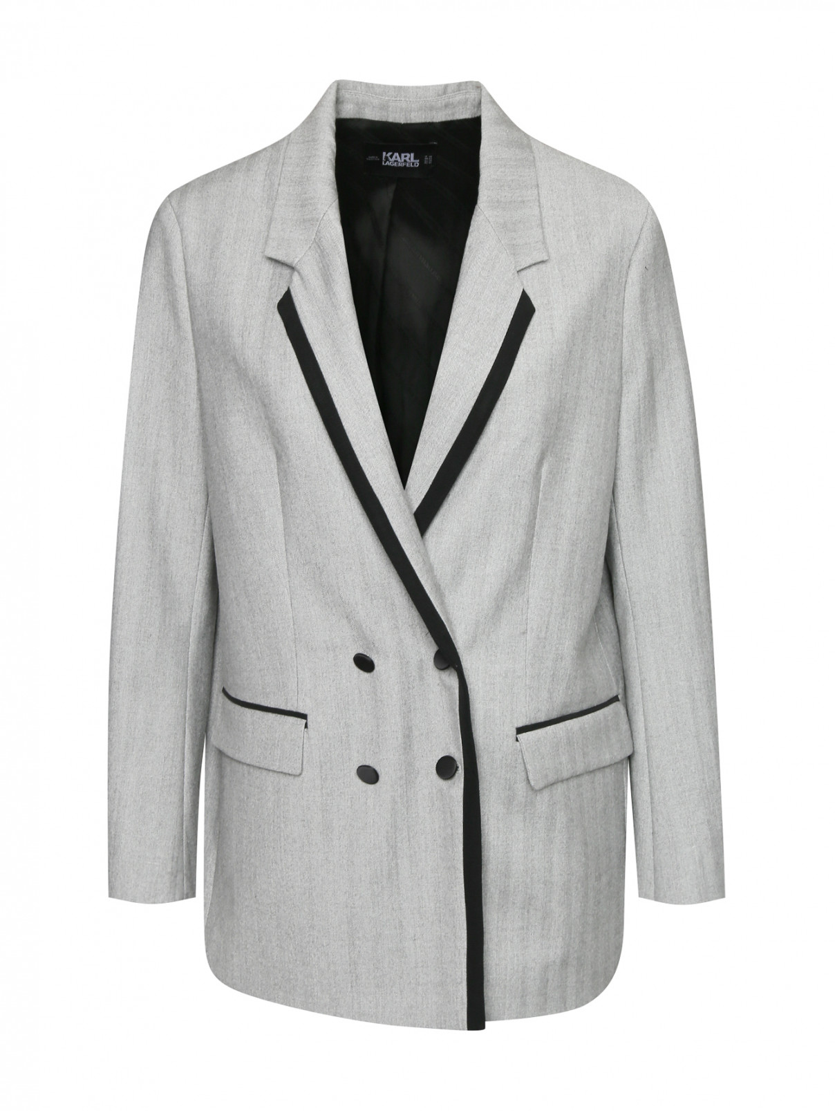 Двубортный жакет из смешанной шерсти с контрастной отделкой Karl Lagerfeld  –  Общий вид  – Цвет:  Серый