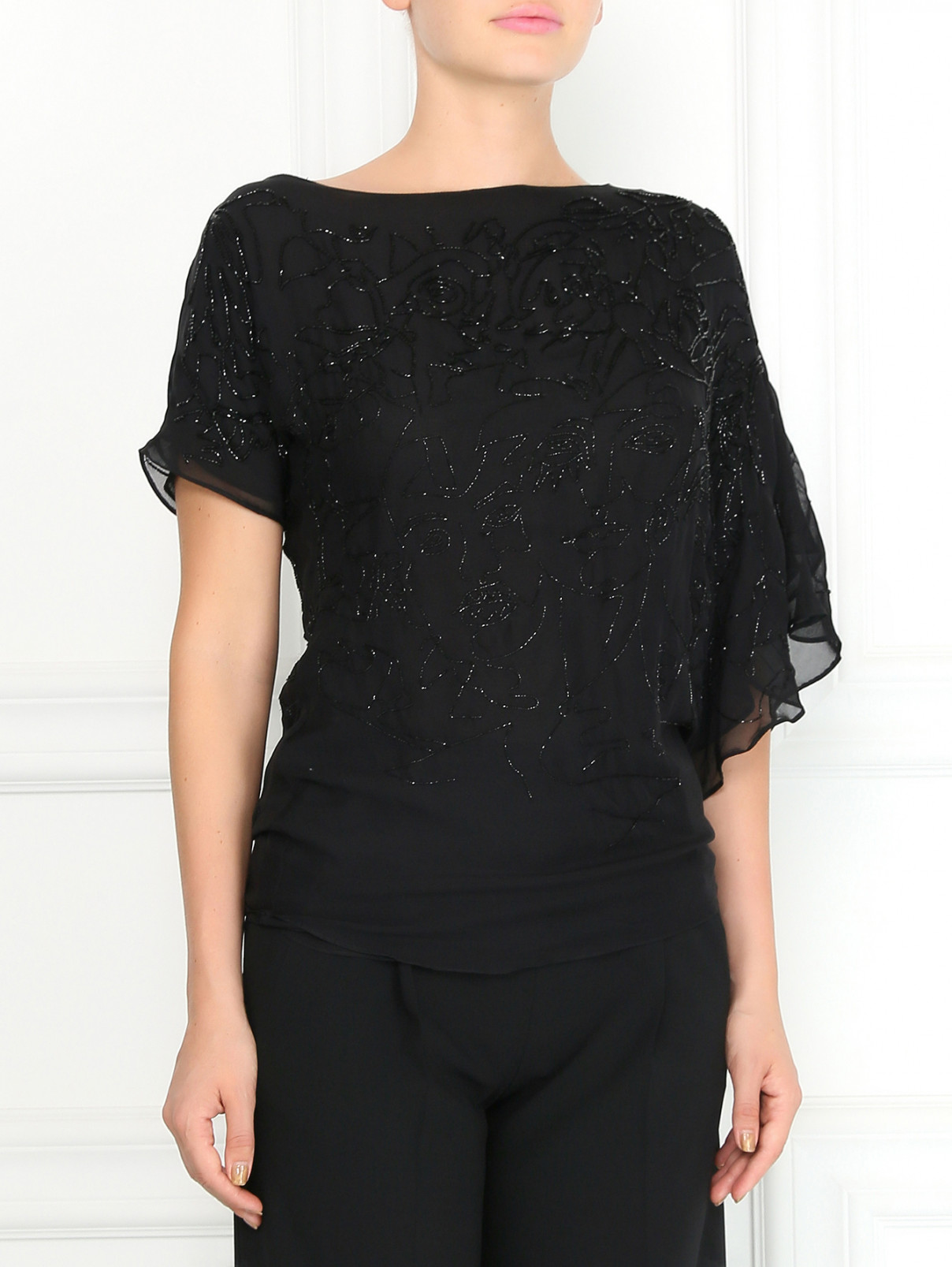 Блуза из шелка асимметричного кроя декорированная бисером Jean Paul Gaultier  –  Модель Верх-Низ  – Цвет:  Черный