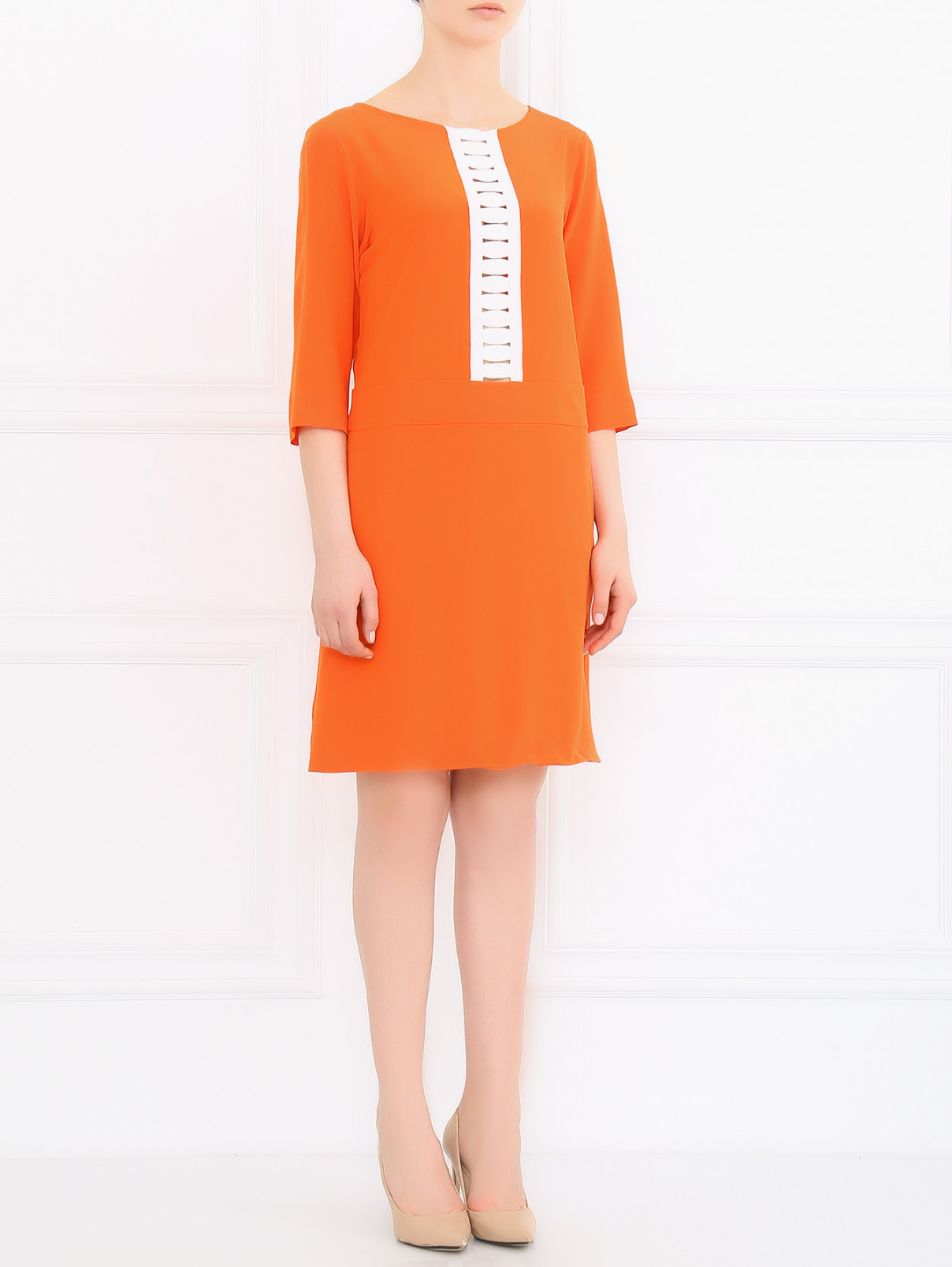 Платье из шелка с контрастной вставкой Moschino  –  Модель Общий вид  – Цвет:  Оранжевый