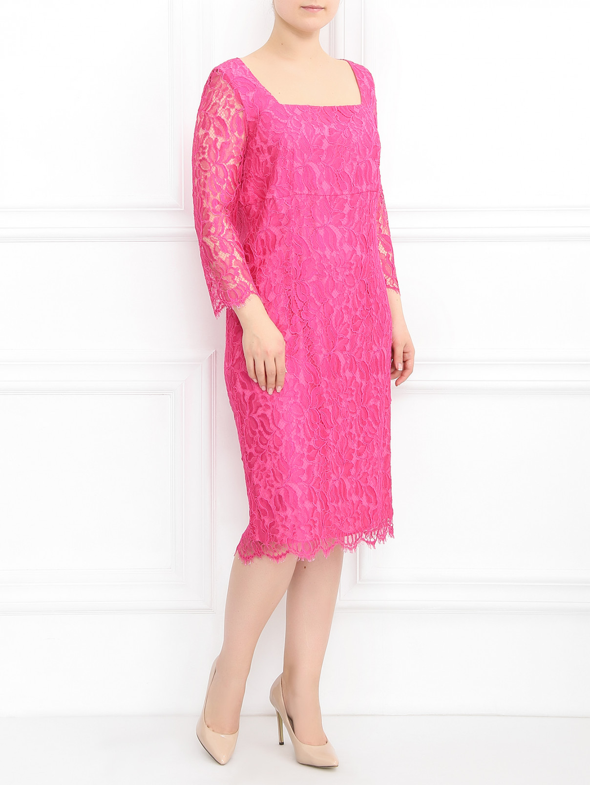 Платье кружевное с рукавами 3/4 Marina Rinaldi  –  Модель Общий вид  – Цвет:  Розовый