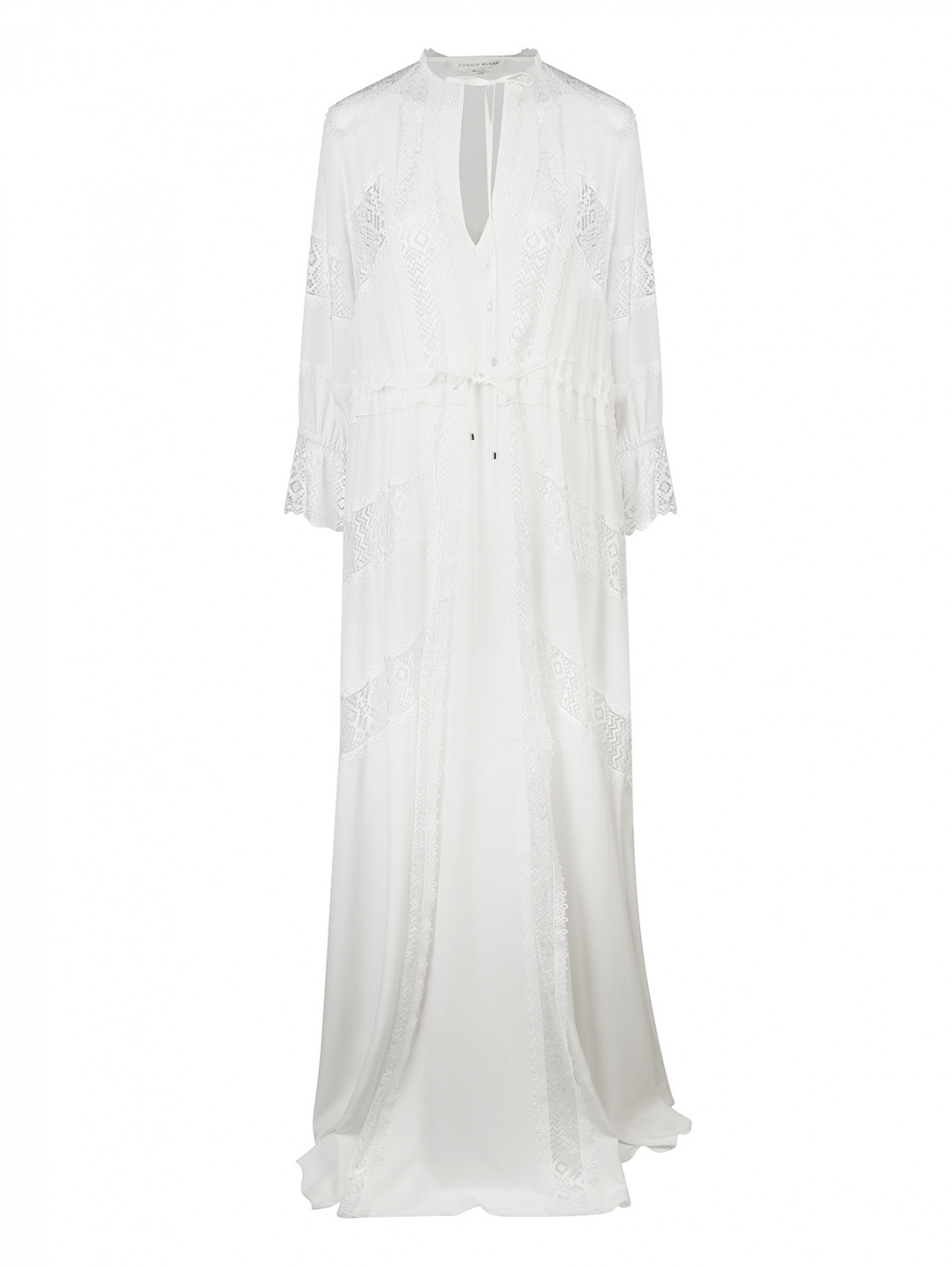 Платье макси из шелка декорированное кружевом Zuhair Murad  –  Общий вид  – Цвет:  Белый