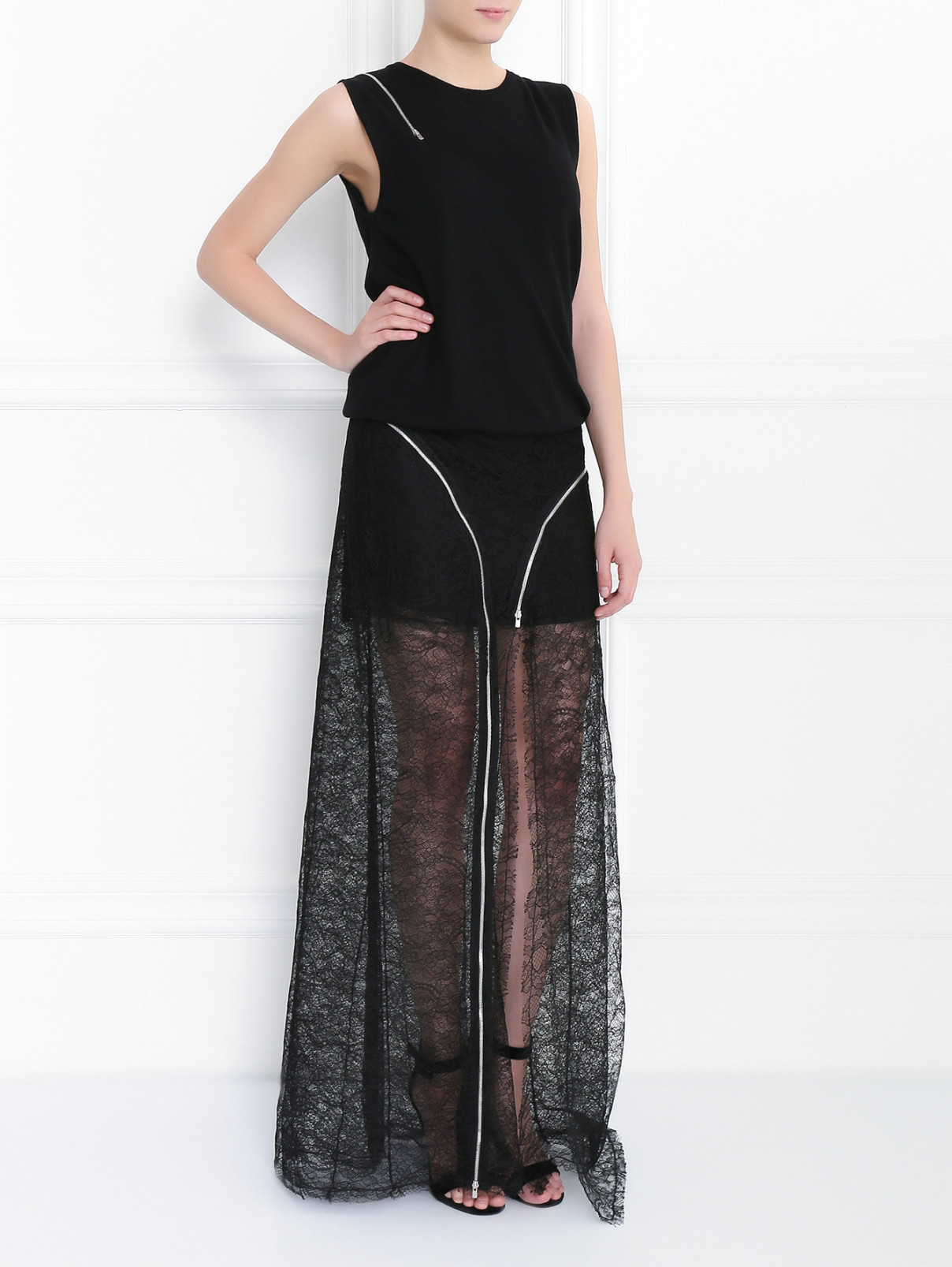 Платье-макси с кружевом и декоративными молниями Jay Ahr  –  Модель Общий вид  – Цвет:  Черный