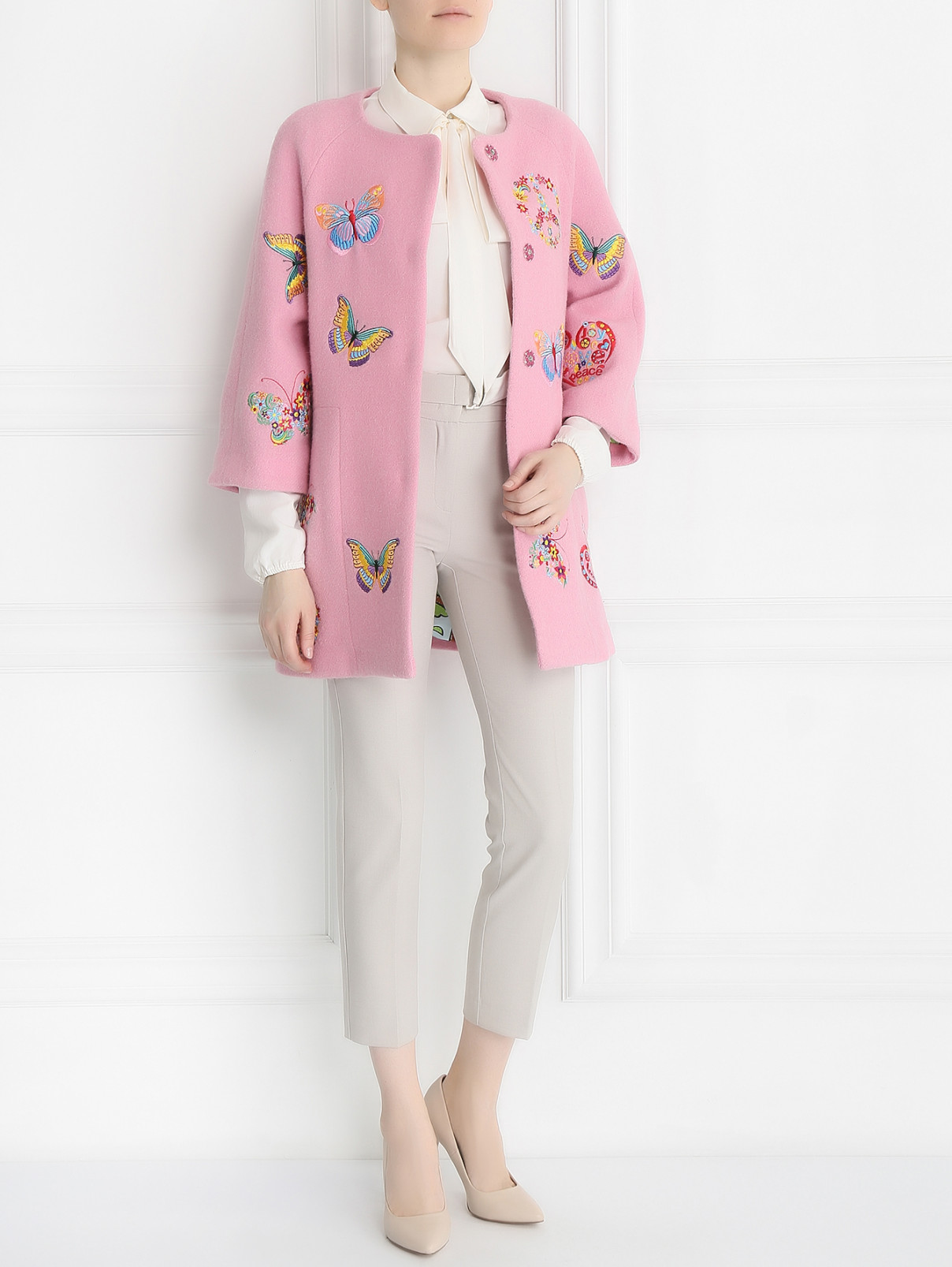 Полупальто из шерсти с  вышивкой Femme by Michele R.  –  Модель Общий вид  – Цвет:  Розовый