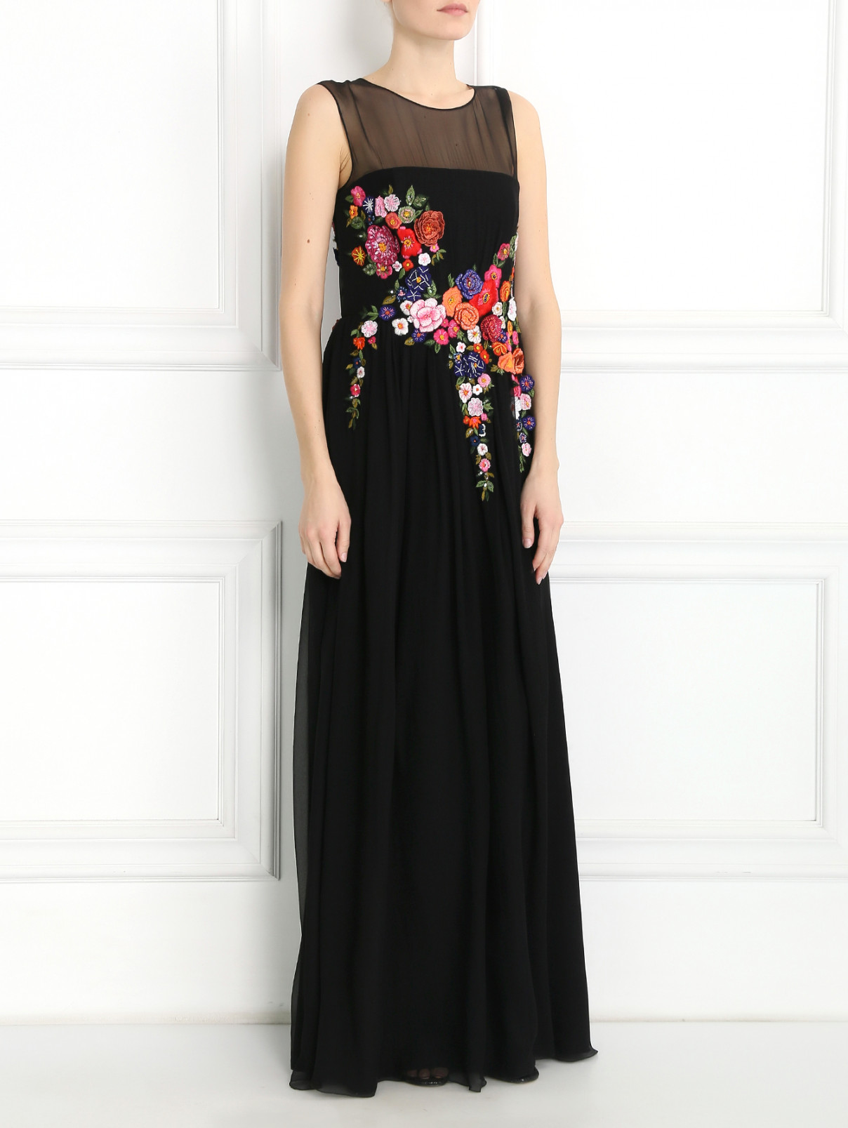 Платье-макси из шелка с цветочным узором Alberta Ferretti  –  Модель Общий вид  – Цвет:  Черный