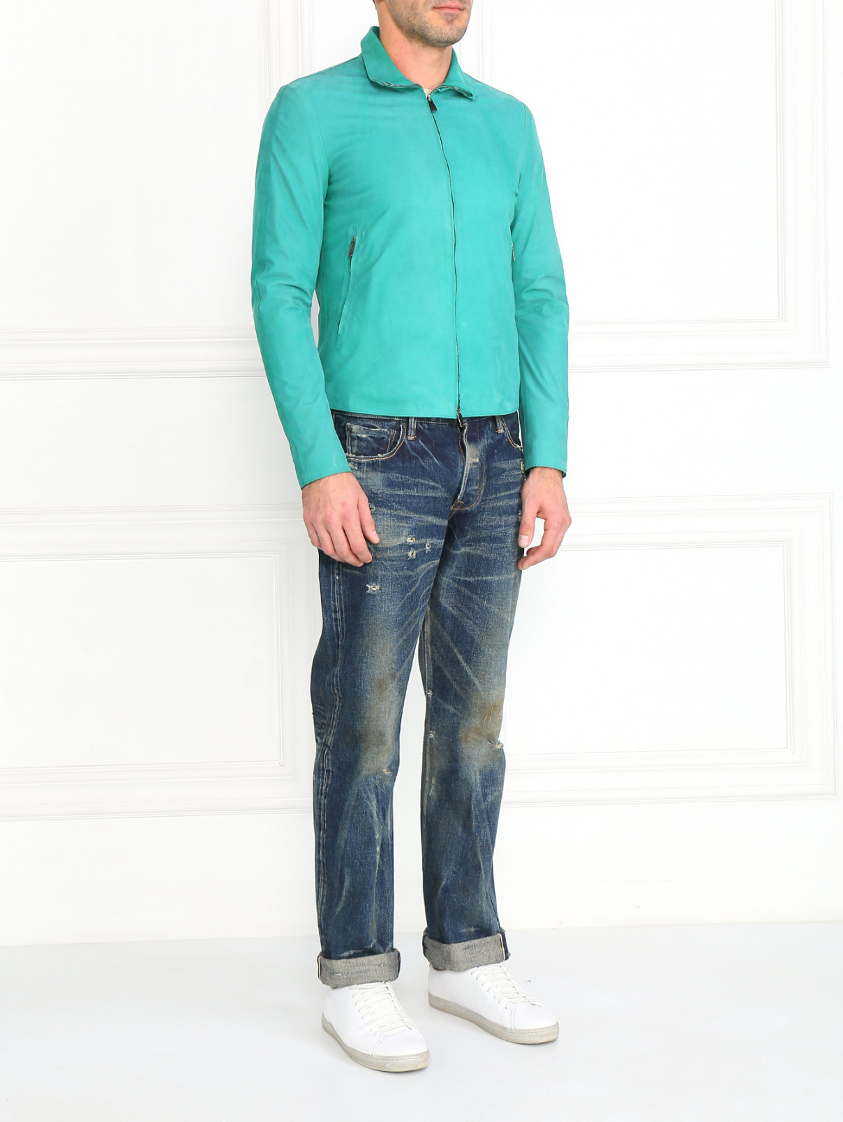 Куртка из кожи на молнии Emporio Armani  –  Модель Общий вид  – Цвет:  Зеленый