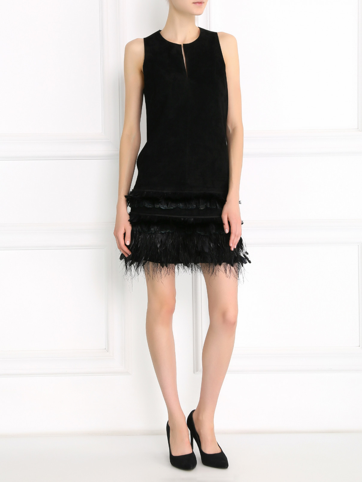 Платье из замши с отделкой из перьев Yves Salomon  –  Модель Общий вид  – Цвет:  Черный