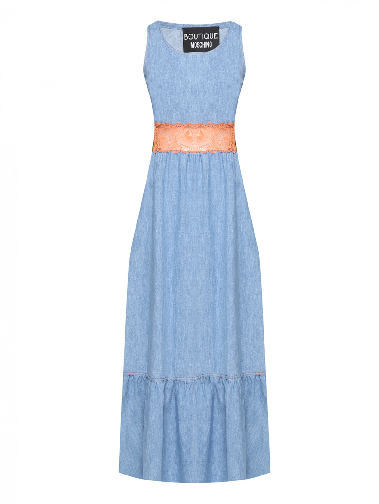 Платье из денима с кружевной отделкой и карманами Moschino Boutique  –  Общий вид  – Цвет:  Синий