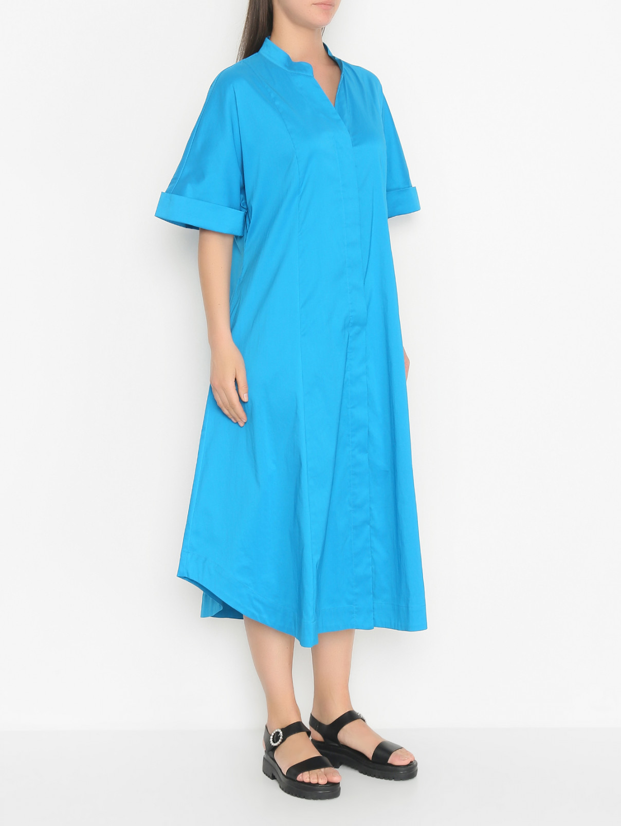 Платье-рубашка с короткими рукавами и карманами Marina Rinaldi  –  МодельВерхНиз  – Цвет:  Синий