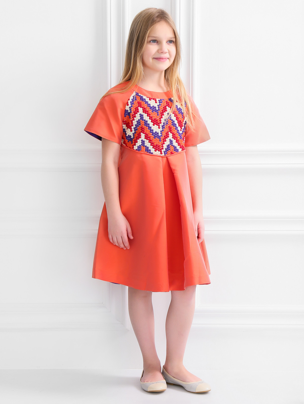 Платье А-силуэта с фактурной вставкой Val Max  –  Модель Общий вид  – Цвет:  Оранжевый