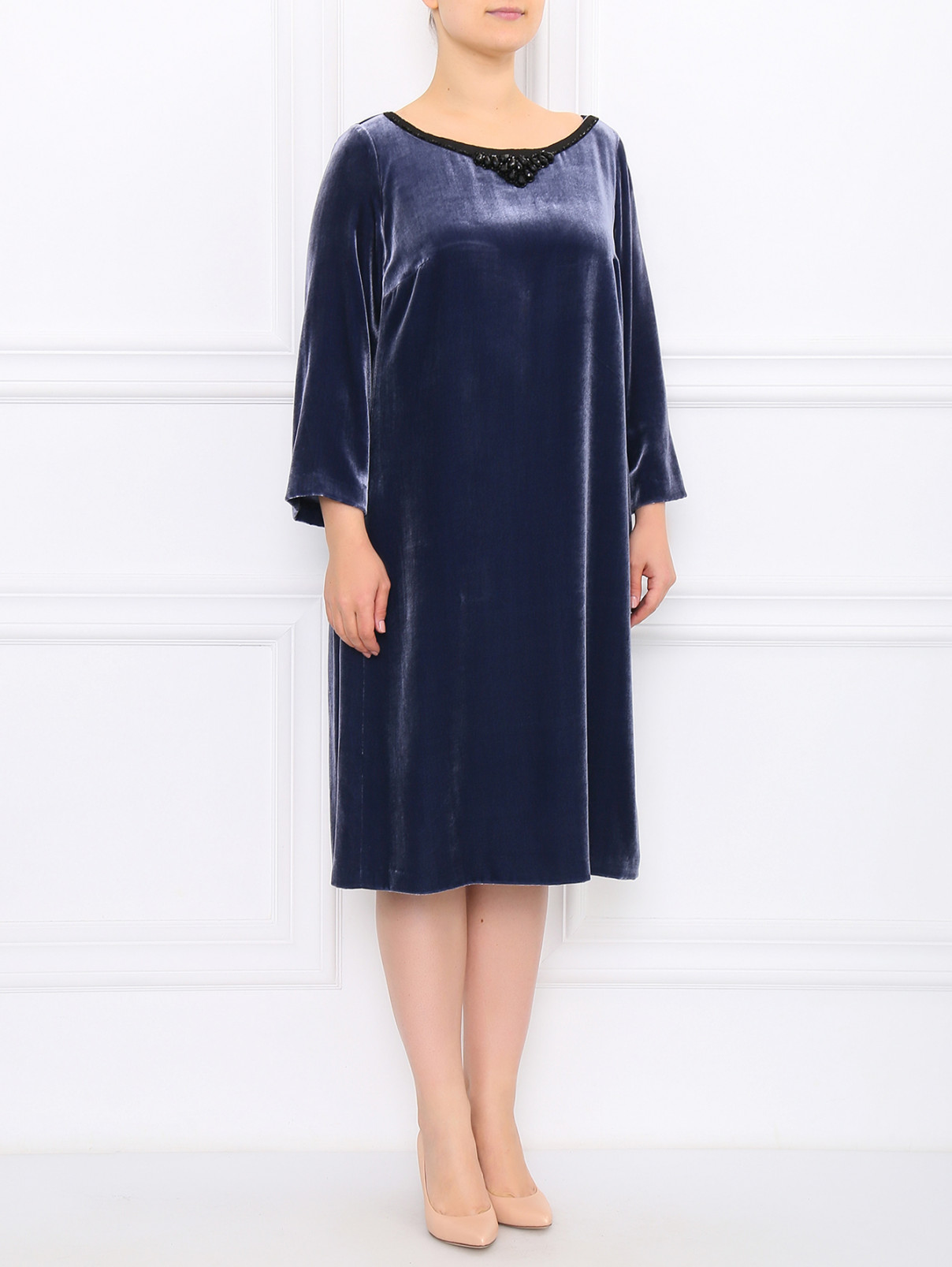Платье бархатное декорированное камнями Marina Rinaldi  –  Модель Общий вид  – Цвет:  Синий