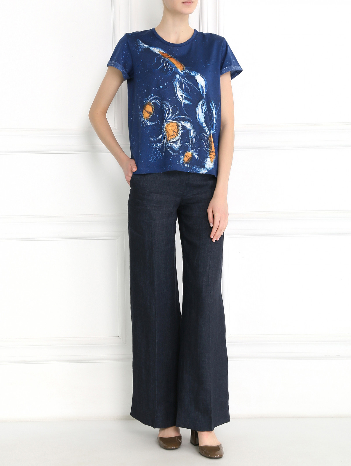 Широкие брюки из льна Max Mara  –  Модель Общий вид  – Цвет:  Синий