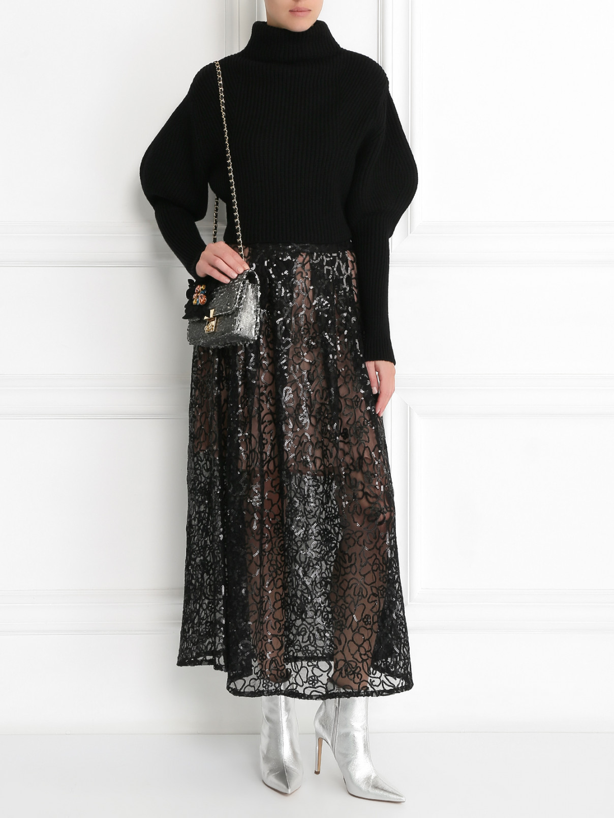 Полупрозрачная юбка-миди декорированная пайетками Pianoforte  –  Модель Общий вид  – Цвет:  Черный