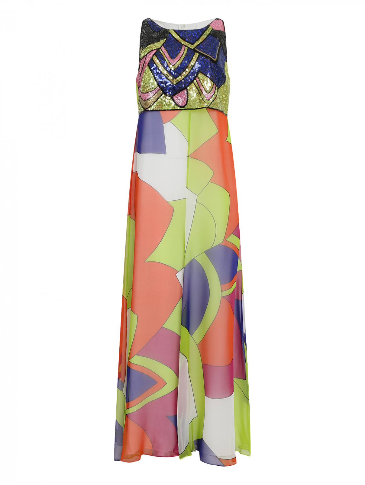 Платье-макси из шелка декорированное пайетками Marina Rinaldi  –  Общий вид  – Цвет:  Мультиколор