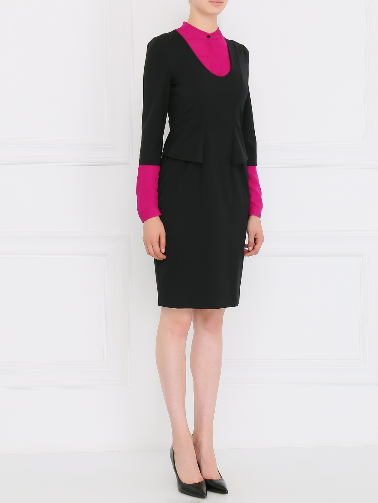 Платье прямого фасона из шерсти с контрастными вставками Emporio Armani  –  Модель Общий вид  – Цвет:  Черный