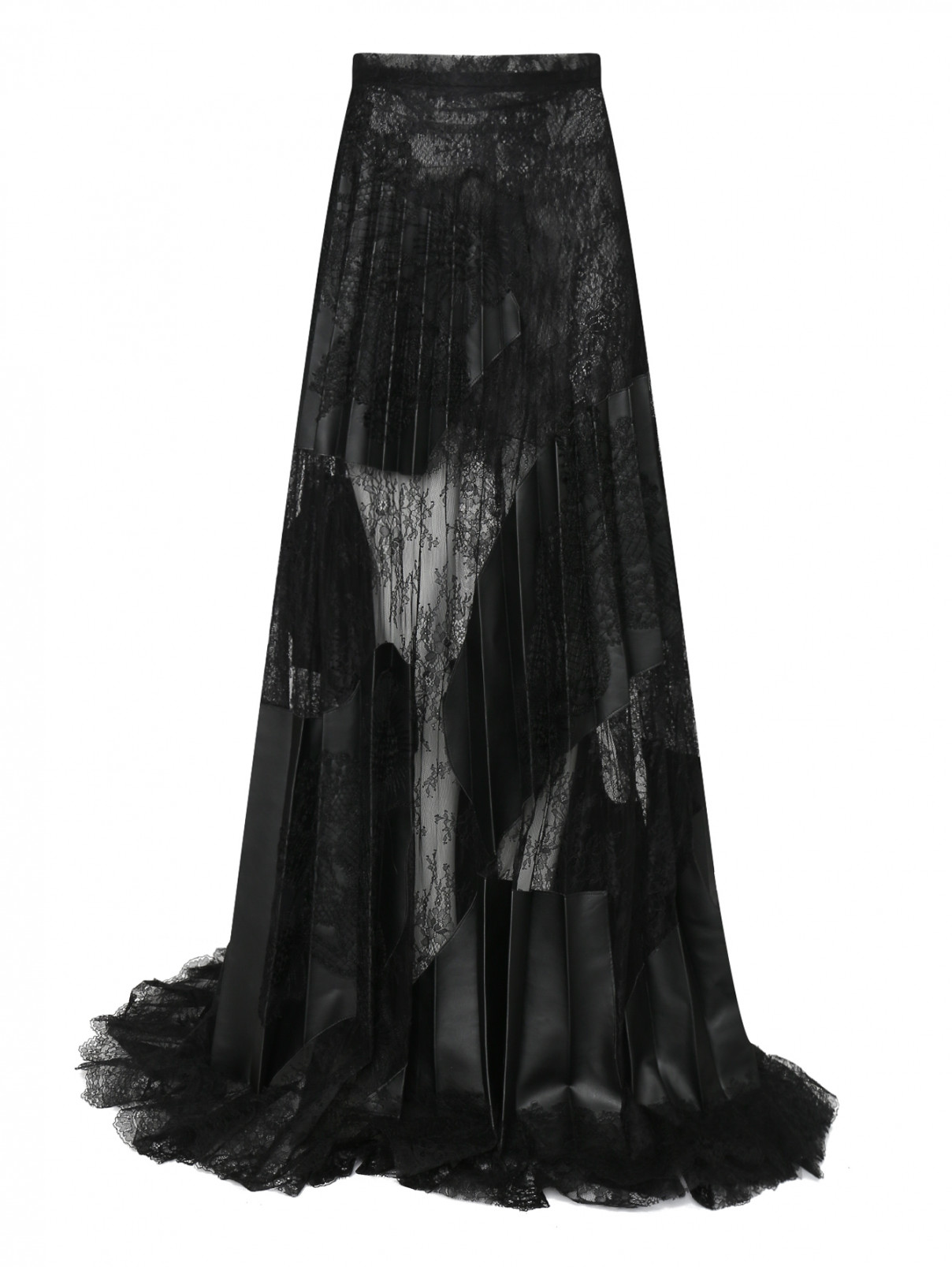 Плиссированная юбка макси с кружевом Yolan Cris  –  Общий вид  – Цвет:  Черный