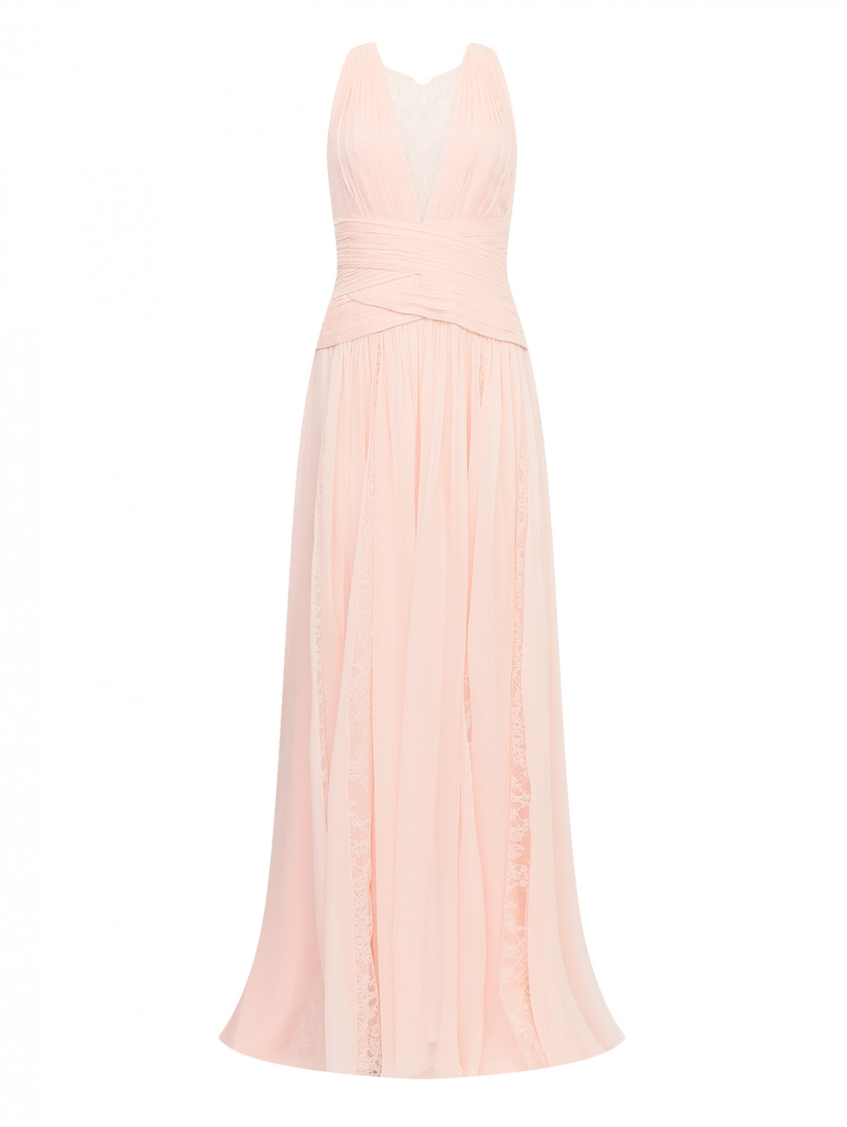 Платье-макси из шелка с кружевной отделкой Zuhair Murad  –  Общий вид  – Цвет:  Розовый