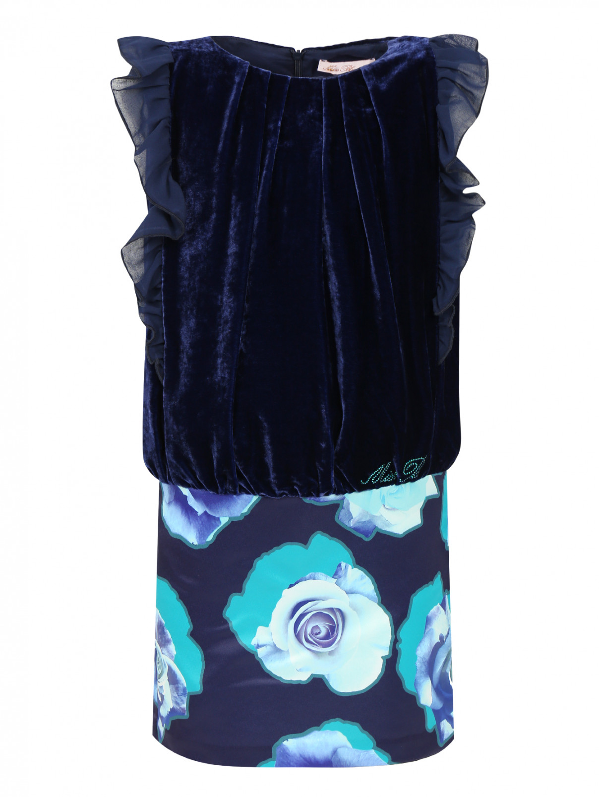 Бархатное платье с юбкой с цветочным узором Miss Blumarine  –  Общий вид  – Цвет:  Синий