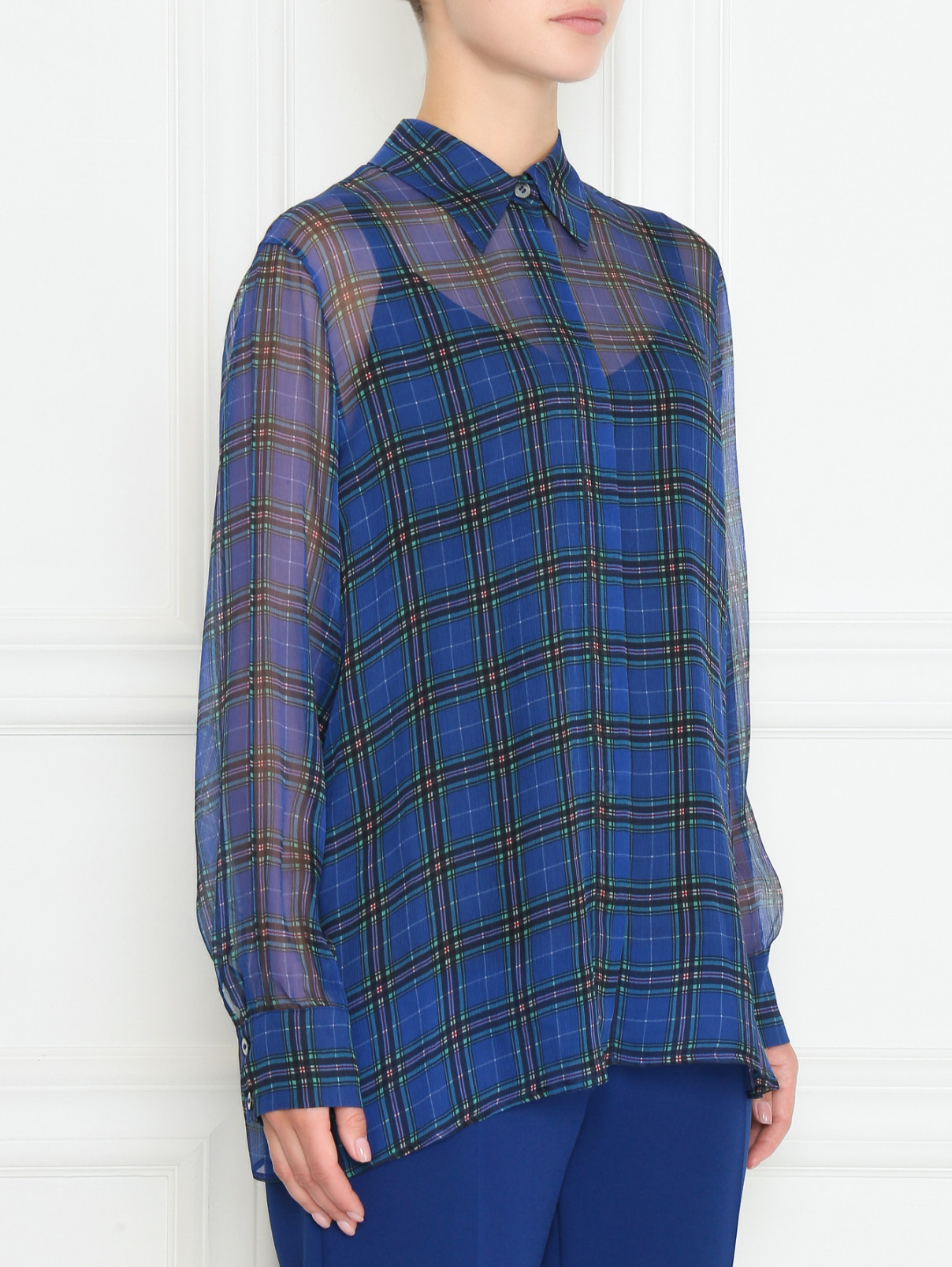 Шелковая рубашка в клетку Marina Rinaldi  –  МодельВерхНиз  – Цвет:  Синий