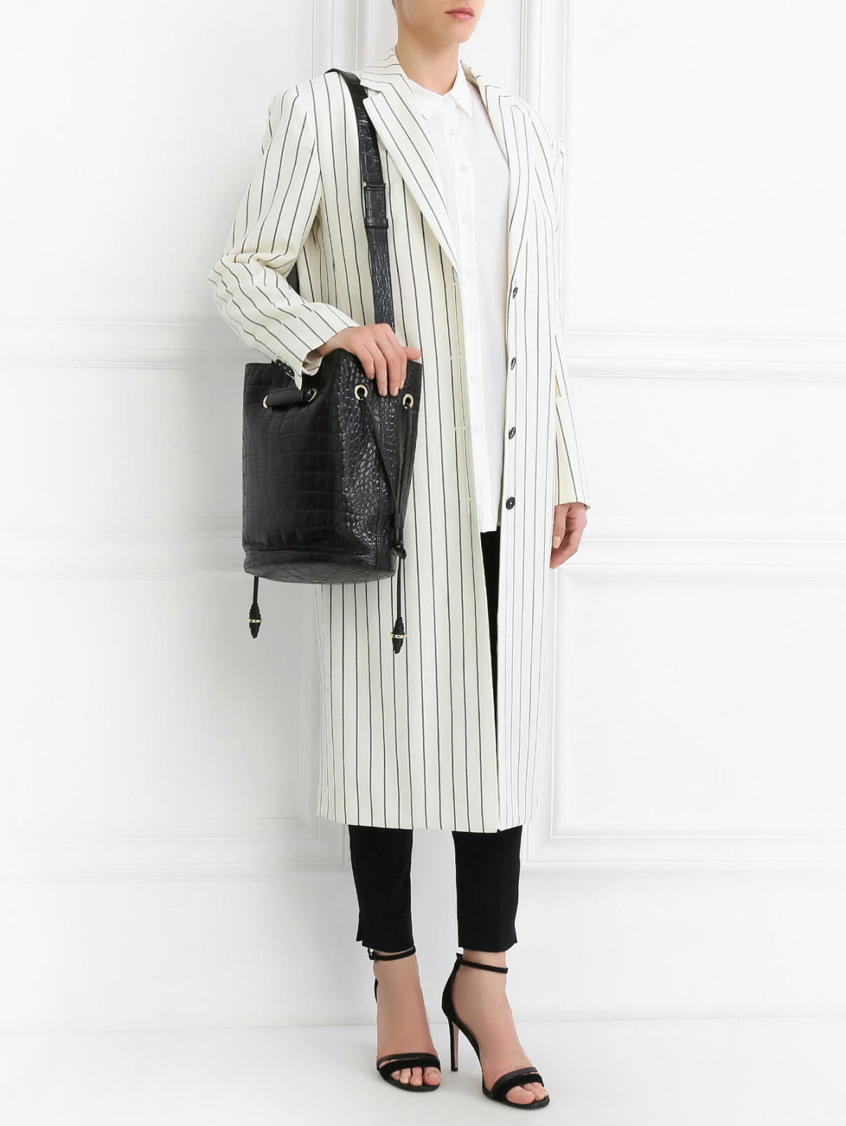 Пальто из шерсти с узором "полоска" Jil Sander  –  Модель Общий вид  – Цвет:  Белый