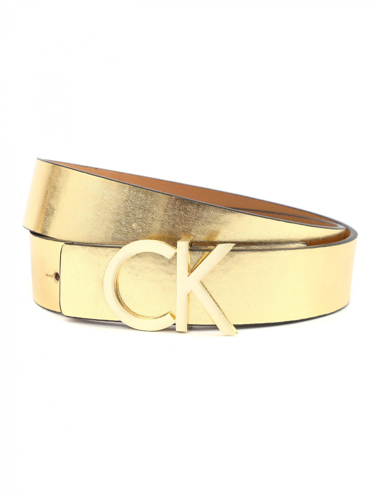 Ремень из кожи цвета металлик Calvin Klein  –  Общий вид  – Цвет:  Золотой