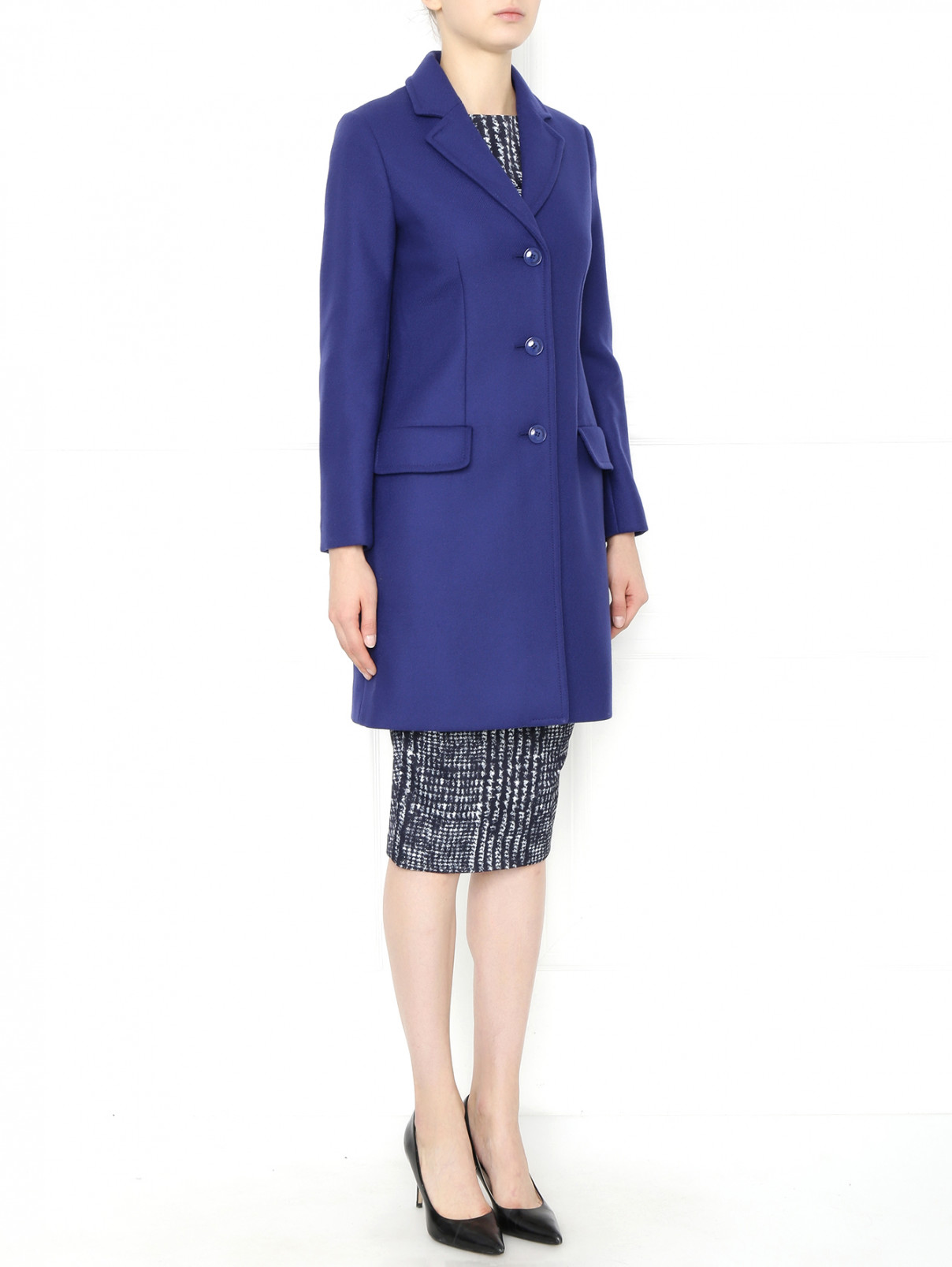 Пальто из шерсти и нейлона с отложным воротником Moschino Cheap&Chic  –  Модель Общий вид  – Цвет:  Синий