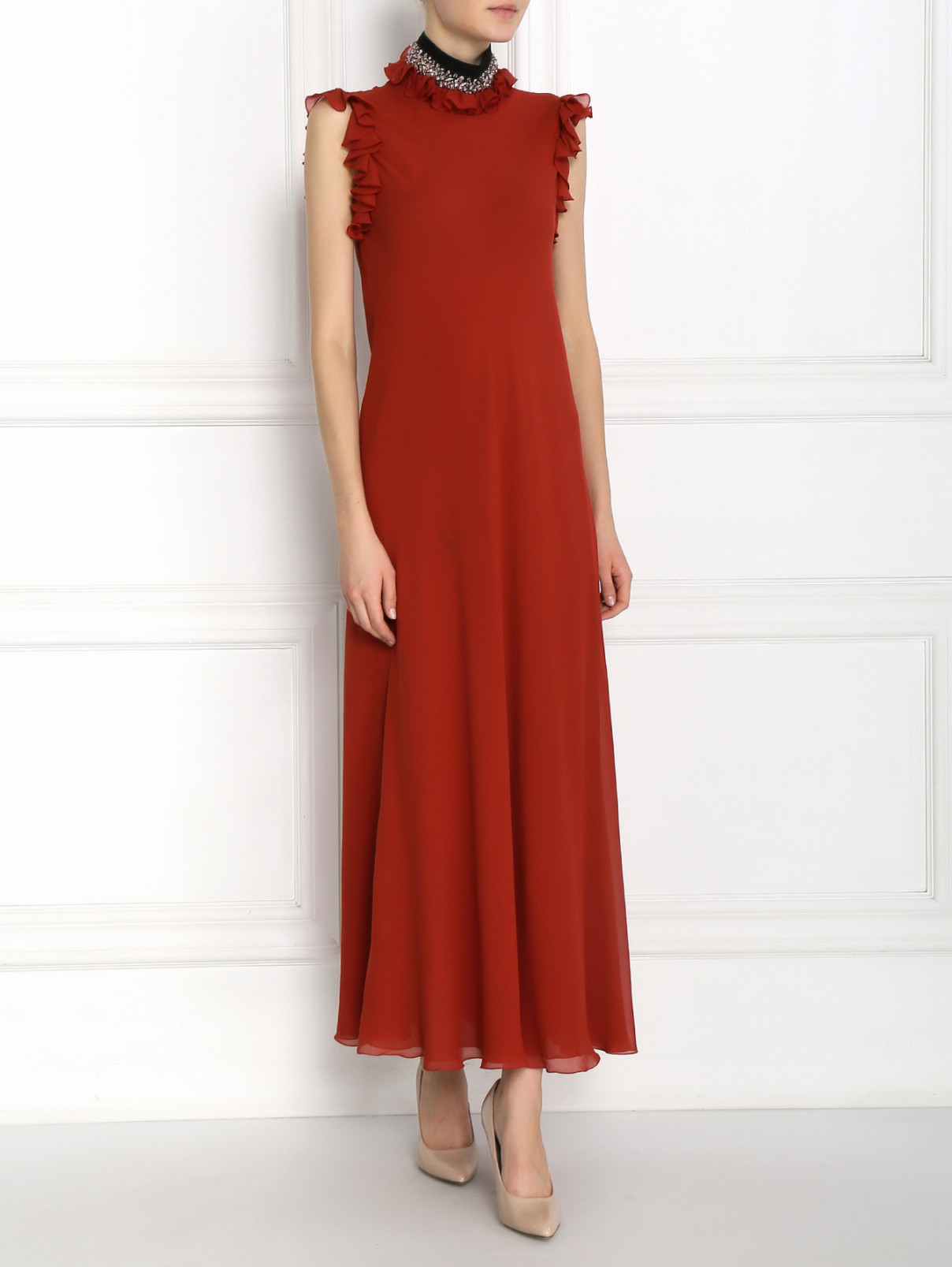 Платье-макси из шелка декорированное кристаллами Giambattista Valli  –  Модель Общий вид  – Цвет:  Красный