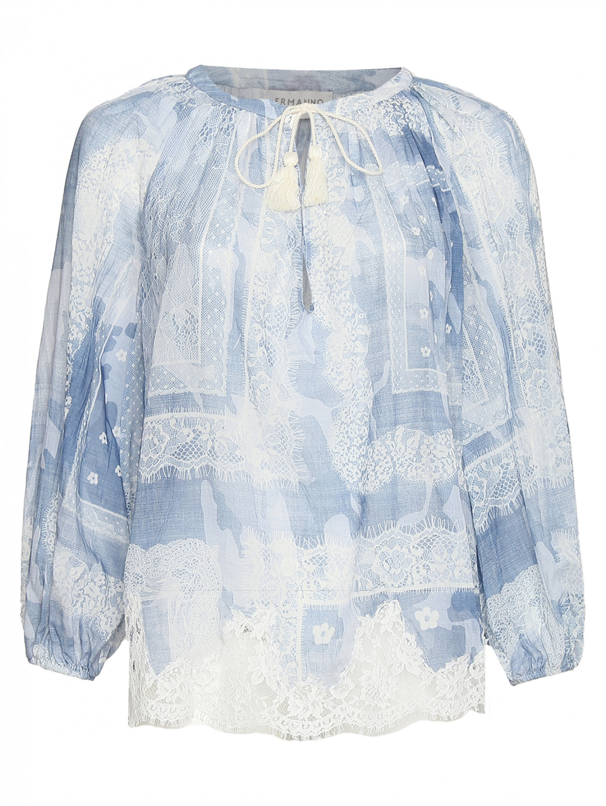 Блуза с узором и кружевной отделкой Ermanno Firenze  –  Общий вид  – Цвет:  Синий