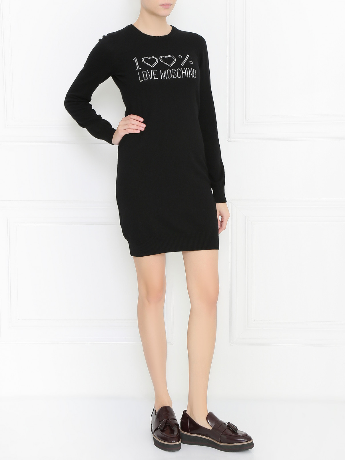 Платье из шерсти декорированное стразами Moschino Love  –  Модель Общий вид  – Цвет:  Черный
