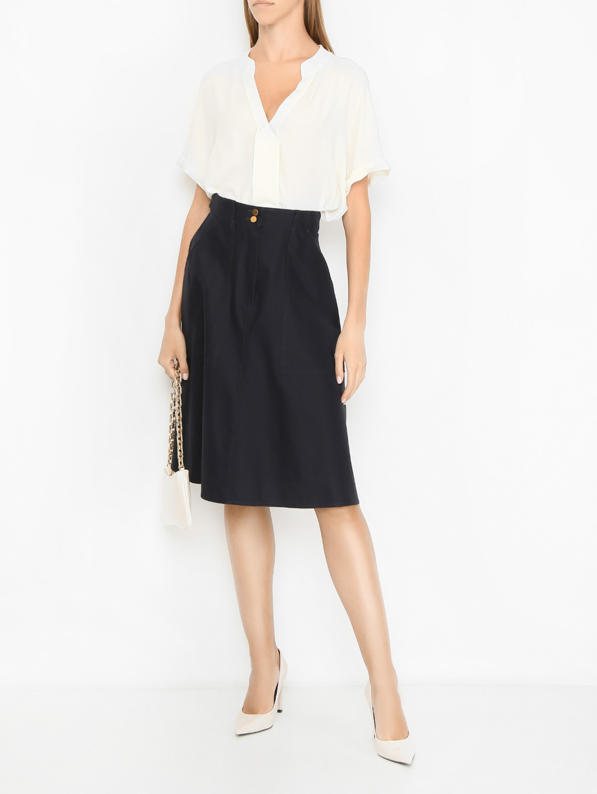 Хлопковая юбка-миди с накладными карманами Max Mara  –  МодельОбщийВид  – Цвет:  Синий