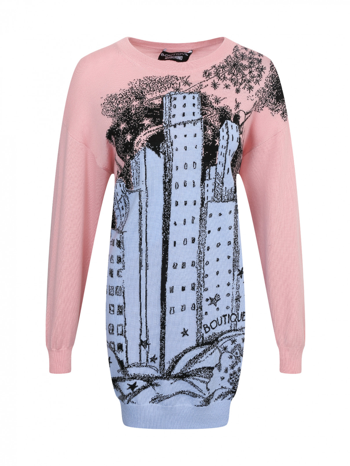 Платье из шерсти с узором Moschino Boutique  –  Общий вид  – Цвет:  Розовый