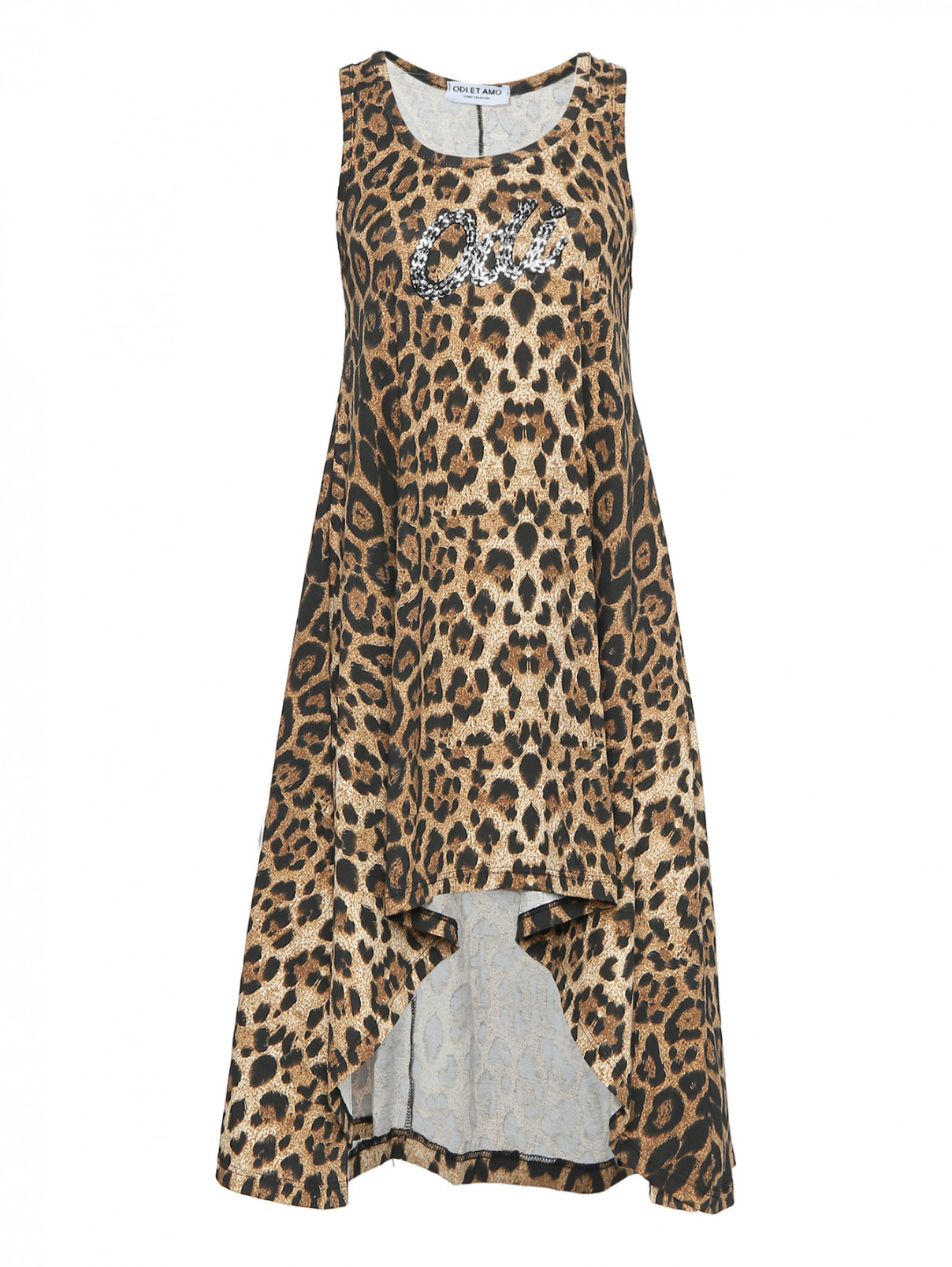 Платье из хлопка асимметричного кроя с узором ODI ET AMO  –  Общий вид  – Цвет:  Коричневый