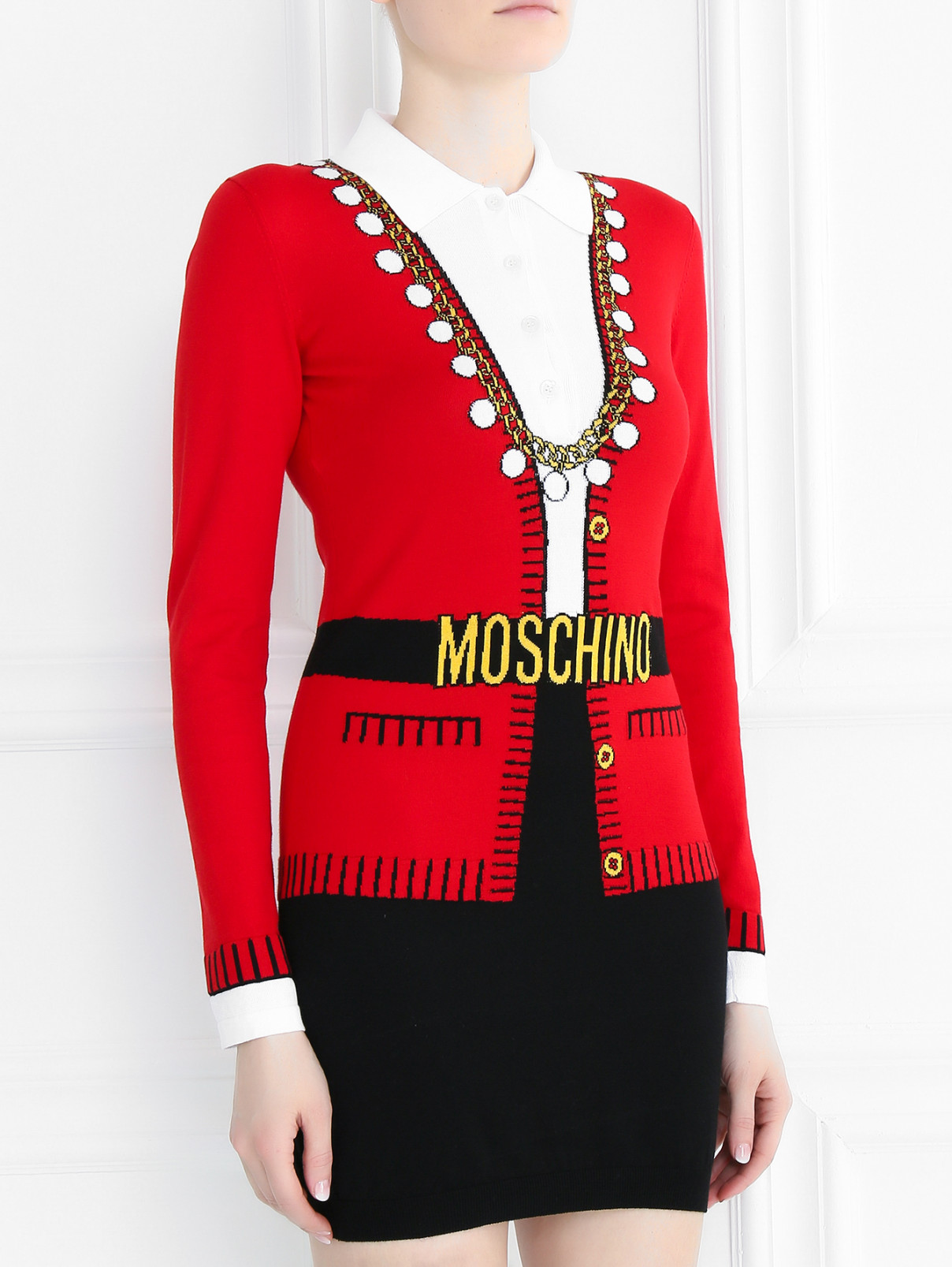 Платье мелкой вязки с контрастным принтом Moschino Couture  –  Модель Верх-Низ  – Цвет:  Красный